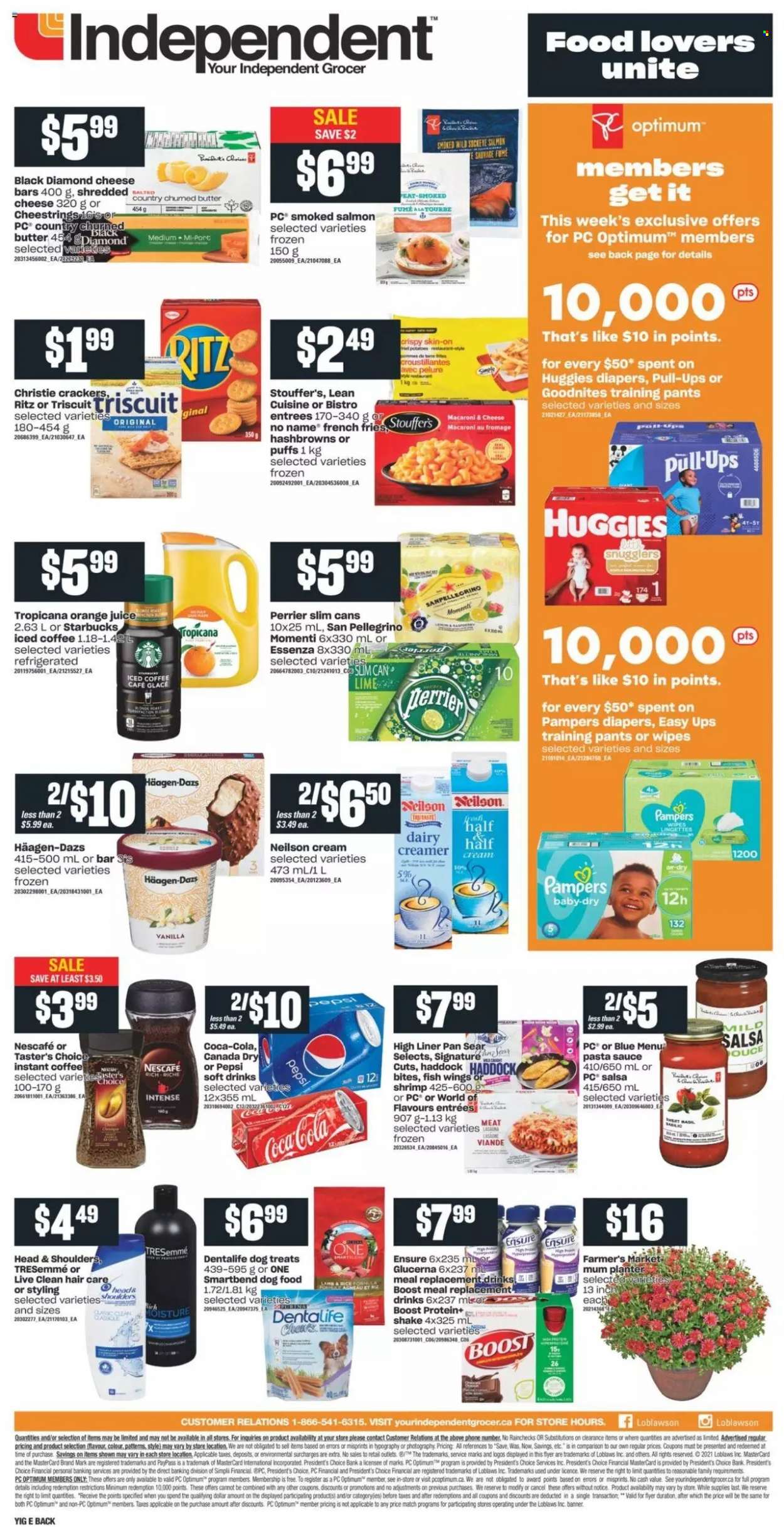 thumbnail - Independent Flyer - September 23, 2021 - September 29, 2021 - Sales products - puffs, smoked salmon, haddock, fish, shrimps, No Name, macaroni & cheese, pasta sauce, sauce, Lean Cuisine, string cheese, Président, shake, butter, creamer, Häagen-Dazs, Stouffer's, hash browns, potato fries, french fries, crackers, RITZ, salsa, Canada Dry, Coca-Cola, Pepsi, orange juice, juice, soft drink, Perrier, San Pellegrino, iced coffee, Boost, instant coffee, Starbucks, wipes, pants, nappies, baby pants, TRESemmé, Mum, pan, animal food, dog food, Purina, Optimum, Dentalife, Glucerna, Head & Shoulders, Huggies, Pampers, Nescafé. Page 2.