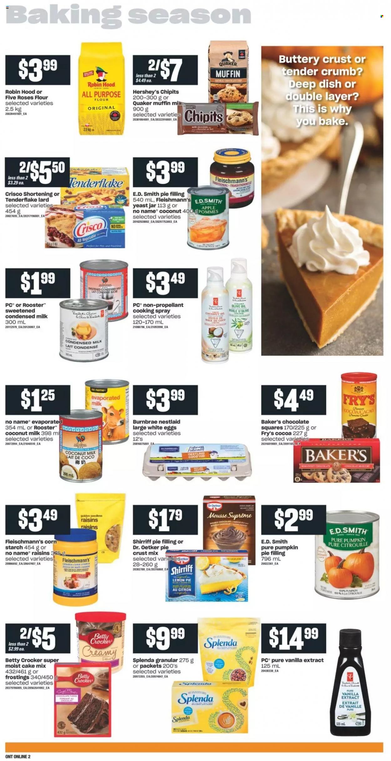thumbnail - Independent Flyer - September 23, 2021 - September 29, 2021 - Sales products - Apple, cake mix, muffin mix, pumpkin, No Name, Quaker, Dr. Oetker, evaporated milk, condensed milk, eggs, yeast, Hershey's, fudge, chocolate, all purpose flour, cocoa, Crisco, flour, shortening, pie crust, pie filling, vanilla extract, coconut milk, cooking spray, dried fruit, jar, lard, raisins. Page 6.