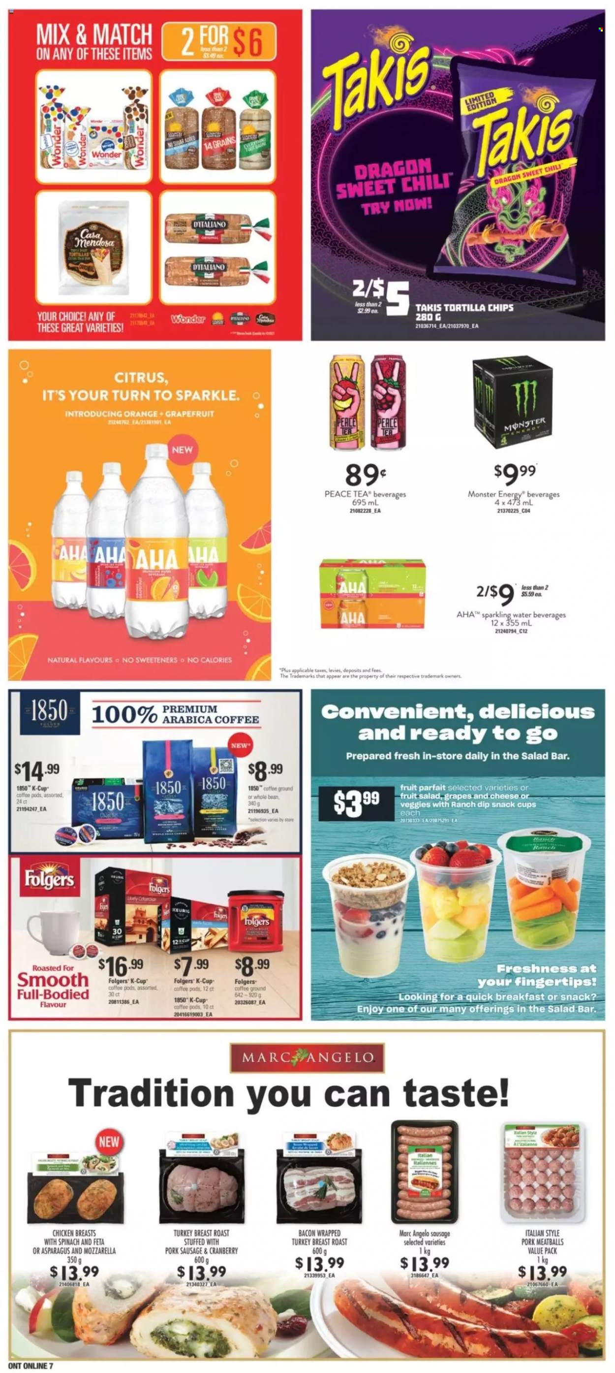 thumbnail - Independent Flyer - September 23, 2021 - September 29, 2021 - Sales products - asparagus, grapefruits, grapes, meatballs, bacon, sausage, pork sausage, feta, dip, tortilla chips, fruit salad, Monster, Monster Energy, sparkling water, tea, coffee pods, Folgers, coffee capsules, K-Cups, turkey breast, chicken breasts, turkey, chips, oranges. Page 10.