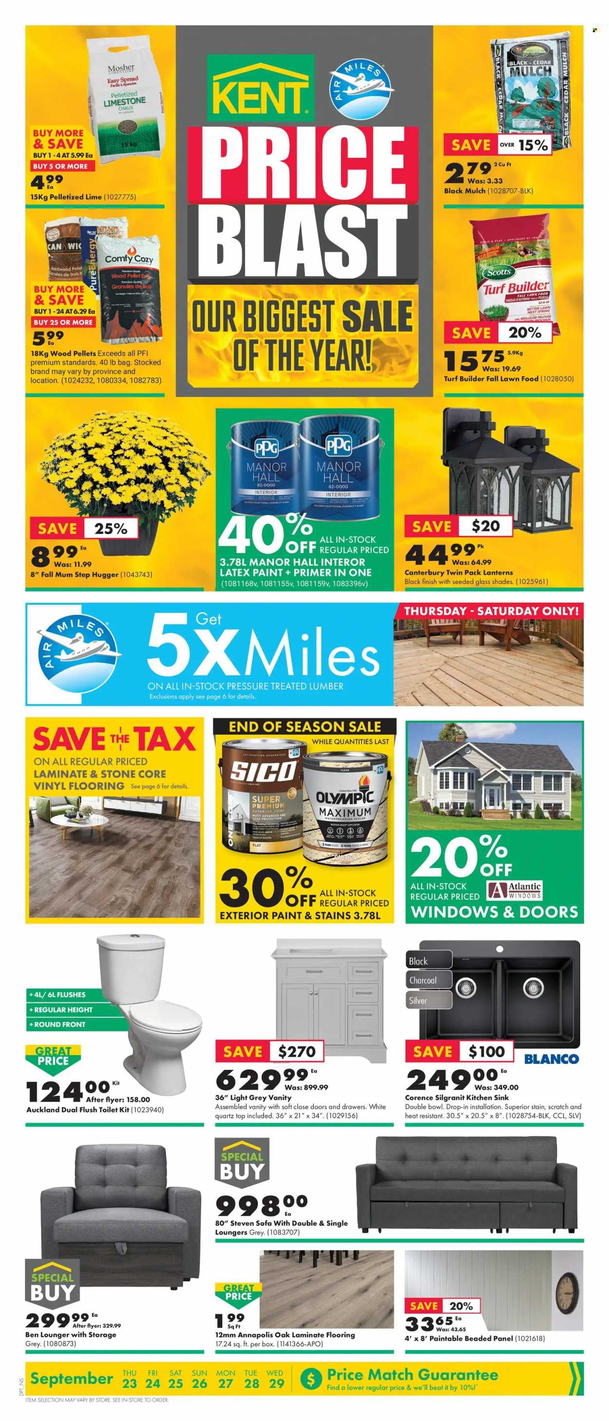 thumbnail - Kent Flyer - September 23, 2021 - September 29, 2021 - Sales products - vanity, toilet, sink, paint, flooring, laminate floor, saw, pelletized lime, turf builder, garden mulch, pellet gun. Page 1.