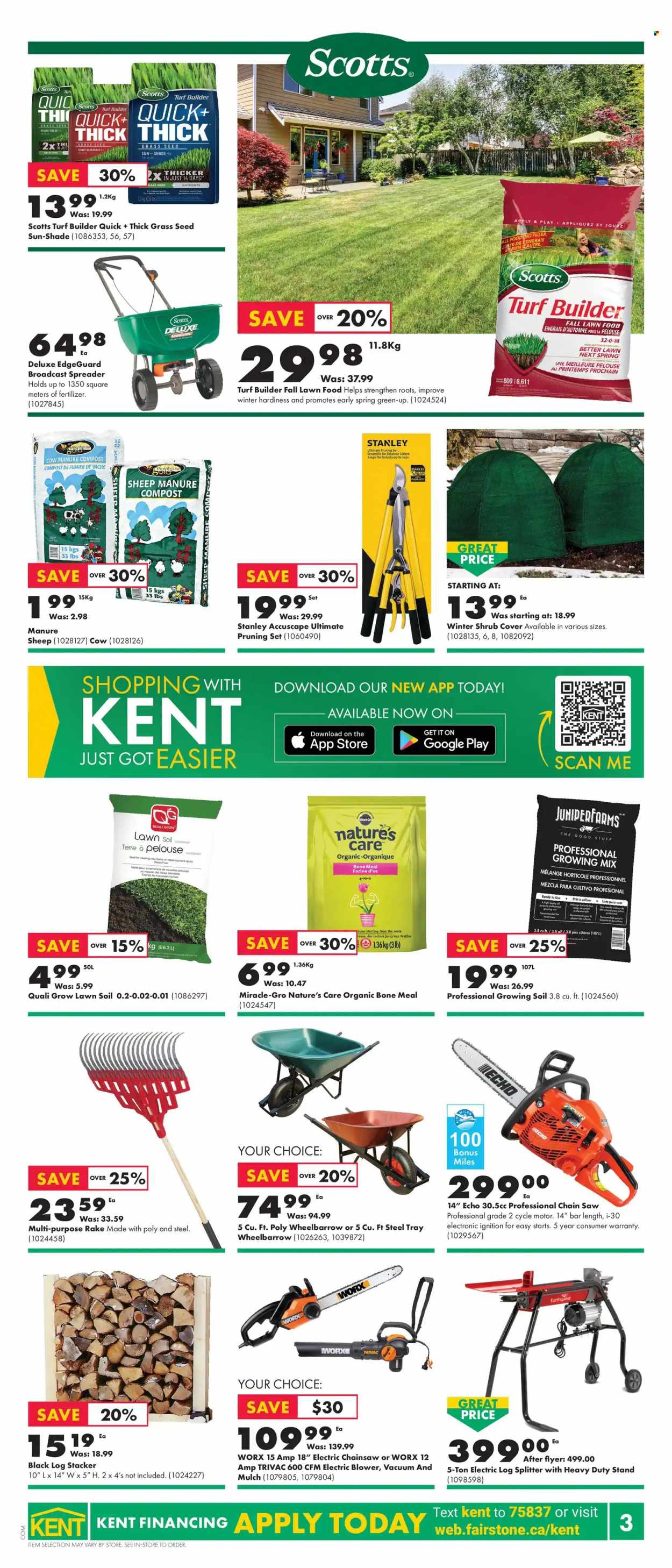 thumbnail - Kent Flyer - September 23, 2021 - September 29, 2021 - Sales products - spreader, Stanley, chain saw, saw, log splitter, blower, wheelbarrow, plant seeds, fertilizer, turf builder, grass seed, garden mulch, compost. Page 3.