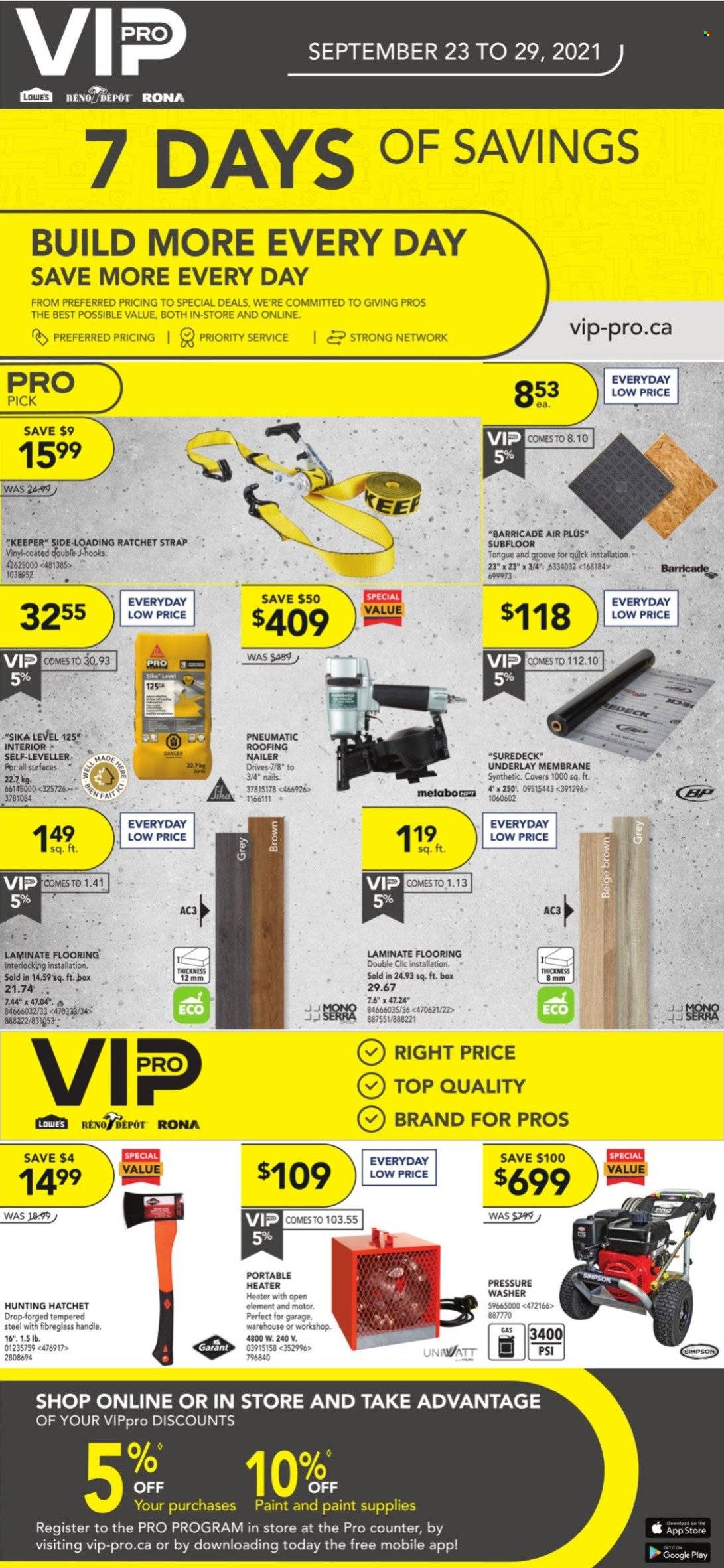 thumbnail - RONA Flyer - September 23, 2021 - September 29, 2021 - Sales products - paint, flooring, laminate floor, hook, ratchet strap, pressure washer. Page 1.