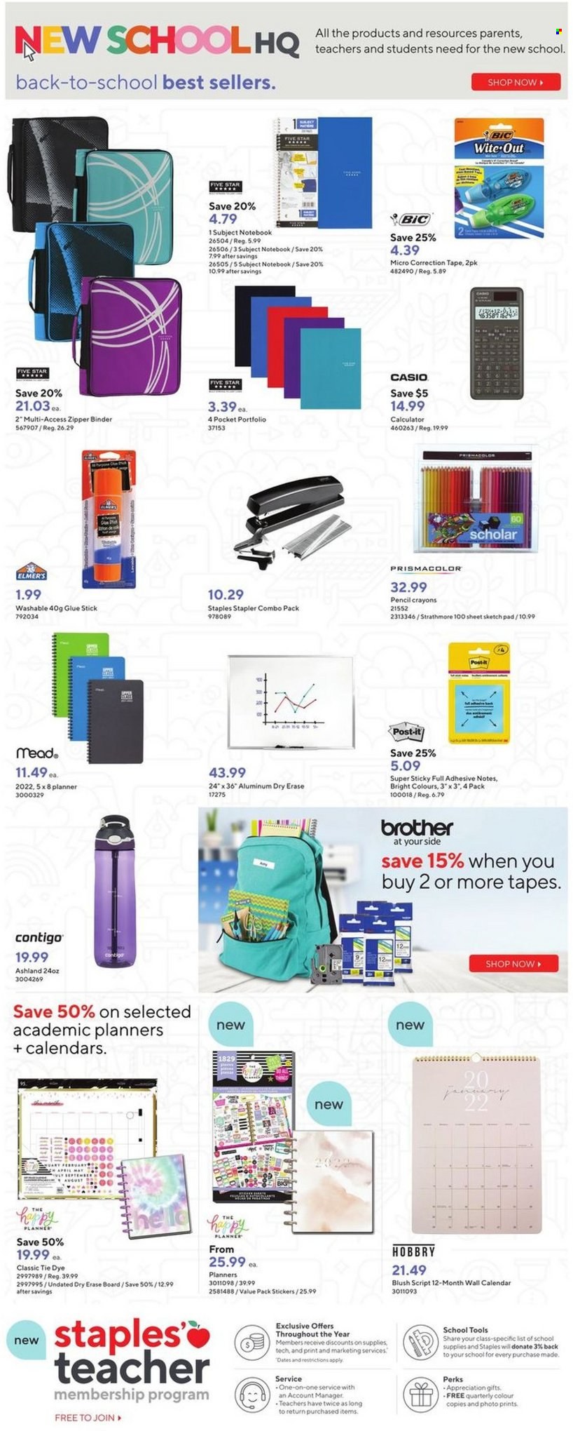 thumbnail - Staples Flyer - September 22, 2021 - September 28, 2021 - Sales products - Brother, Contigo, calendar, glue, glue stick, stapler, calculator, pencil, sketch pad, Post-It, Casio, sticker. Page 3.