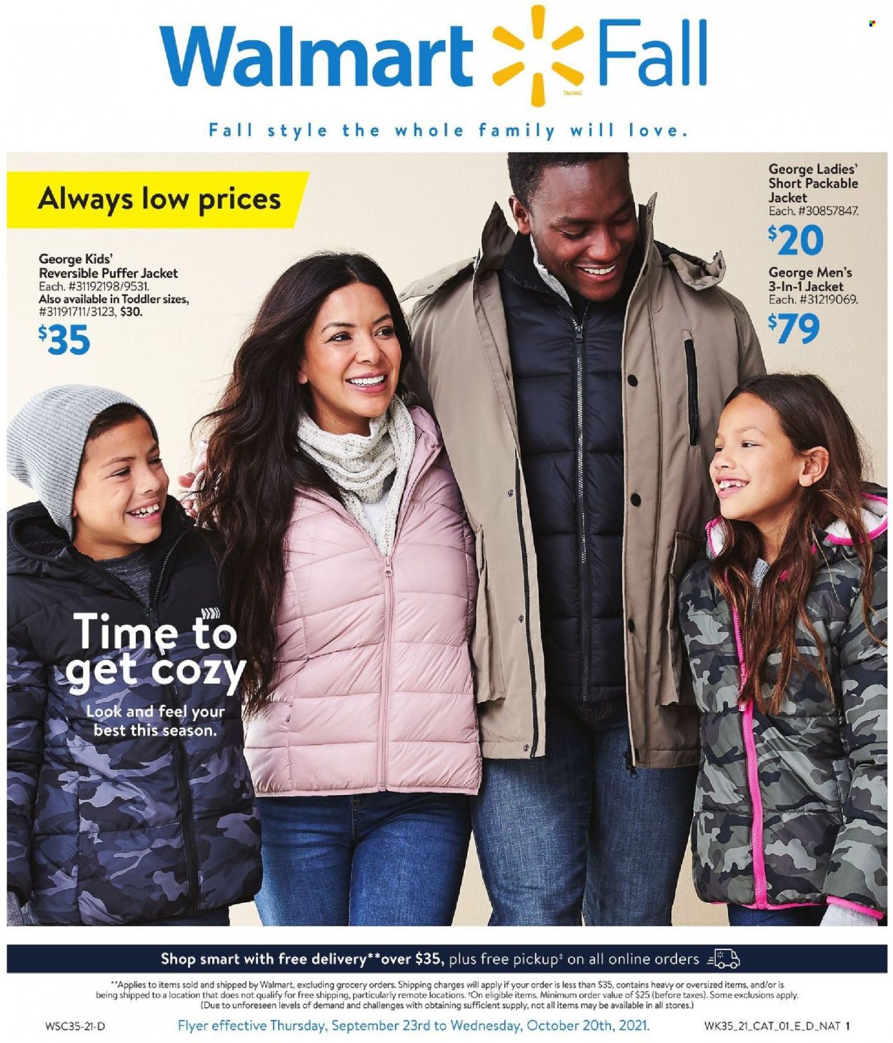 thumbnail - Walmart Flyer - September 23, 2021 - October 20, 2021 - Sales products - jacket, puffer jacket. Page 1.