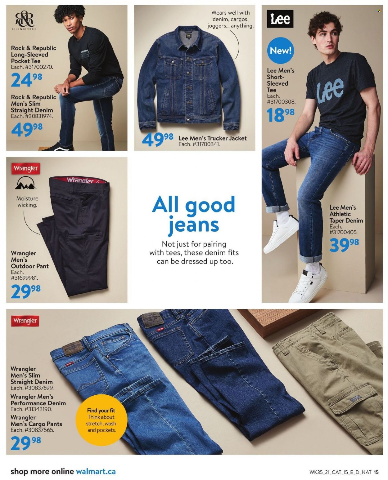 thumbnail - Walmart Flyer - September 23, 2021 - October 20, 2021 - Sales products - pants, jacket, Lee, cargo pants, joggers, jeans. Page 15.