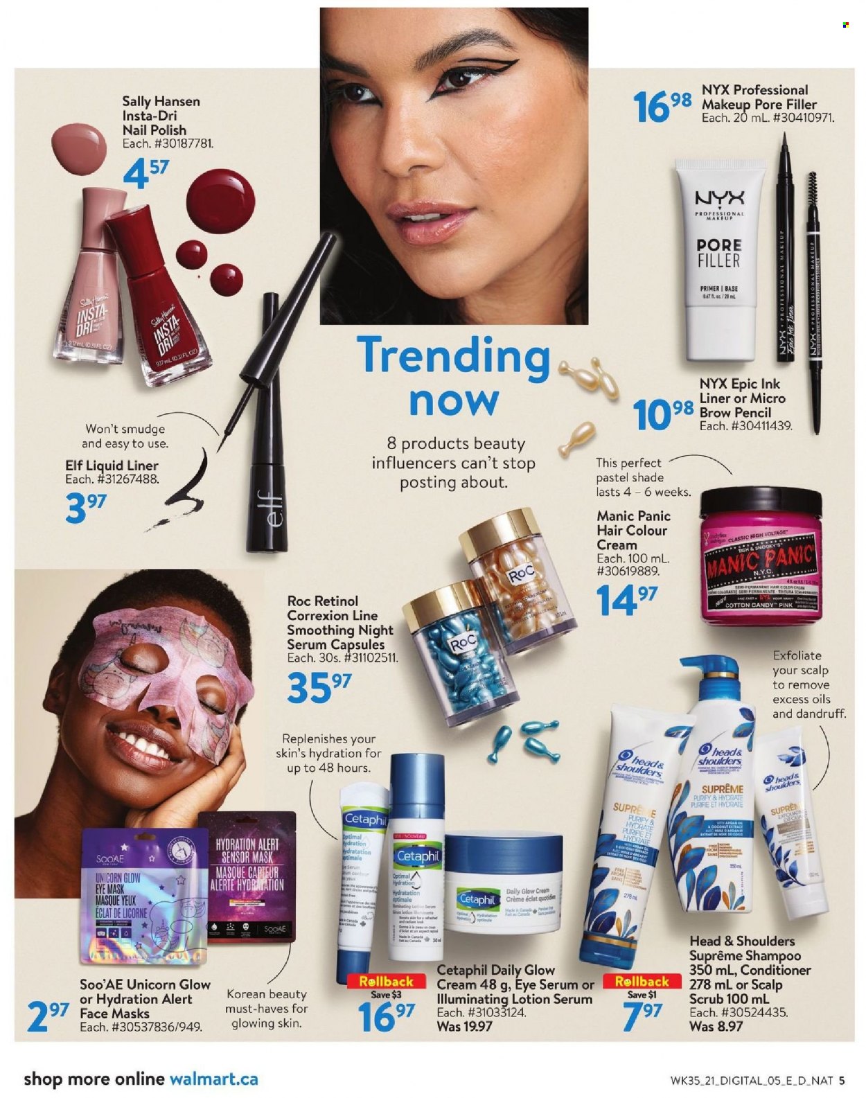 thumbnail - Walmart Flyer - September 23, 2021 - October 20, 2021 - Sales products - cotton candy, Fanta, serum, face mask, NYX Cosmetics, conditioner, hair color, body lotion, Eclat, polish, makeup, pencil, Elf, Sally Hansen, shampoo, Head & Shoulders. Page 19.