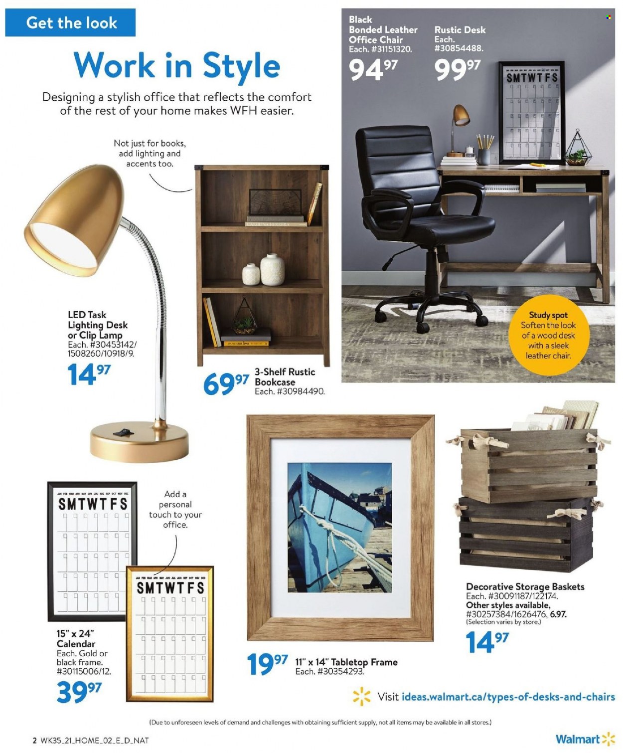 thumbnail - Walmart Flyer - September 23, 2021 - October 20, 2021 - Sales products - calendar, chair, bookcase, shelves, office chair, lamp, basket. Page 2.