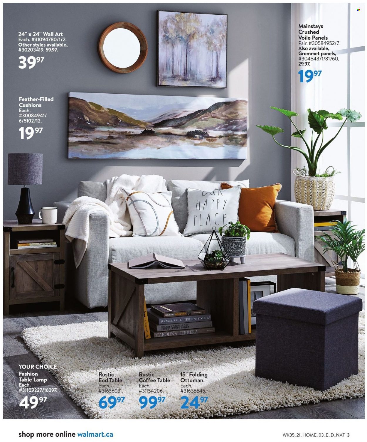 thumbnail - Walmart Flyer - September 23, 2021 - October 20, 2021 - Sales products - Carolina Herrera, cushion, coffee table, end table, ottoman, lamp, table lamp. Page 3.