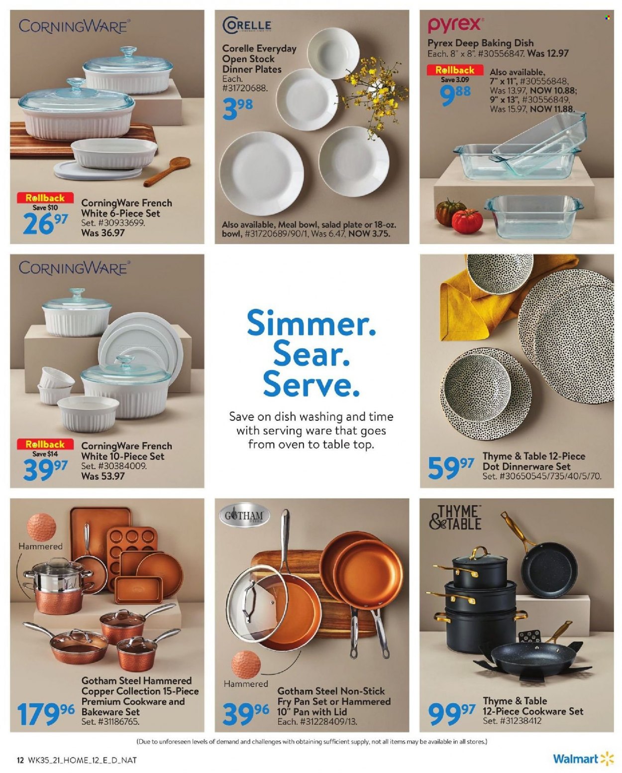 thumbnail - Walmart Flyer - September 23, 2021 - October 20, 2021 - Sales products - cookware set, dinnerware set, plate, dinner plate, bowl, bakeware, Pyrex. Page 12.