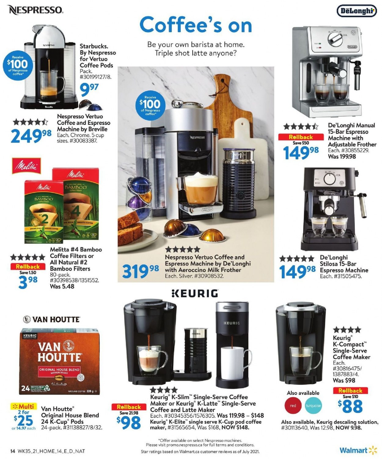thumbnail - Walmart Flyer - September 23, 2021 - October 20, 2021 - Sales products - coffee pods, Nespresso, ground coffee, coffee capsules, Starbucks, K-Cups, Keurig, coffee machine, De'Longhi, espresso maker, milk frother. Page 14.