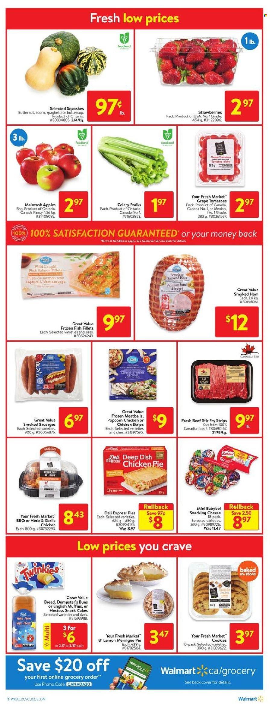 thumbnail - Walmart Flyer - September 23, 2021 - September 29, 2021 - Sales products - english muffins, cake, pie, buns, butternut squash, celery, tomatoes, sleeved celery, apples, strawberries, fish fillets, salmon, fish, spaghetti, meatballs, ham, smoked ham, sausage, cheese, Babybel, strips, chicken strips, cookies, snack, popcorn, dried fruit, rosé wine, stir fry strips, rose, raisins. Page 2.