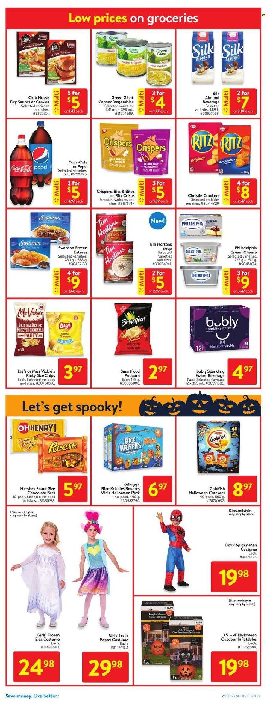 thumbnail - Walmart Flyer - September 23, 2021 - September 29, 2021 - Sales products - soup, cream cheese, cheese, snack, crackers, Kellogg's, RITZ, chocolate bar, Lay’s, Smartfood, Goldfish, canned vegetables, Rice Krispies, Coca-Cola, Pepsi, sparkling water, costume, Philadelphia. Page 3.