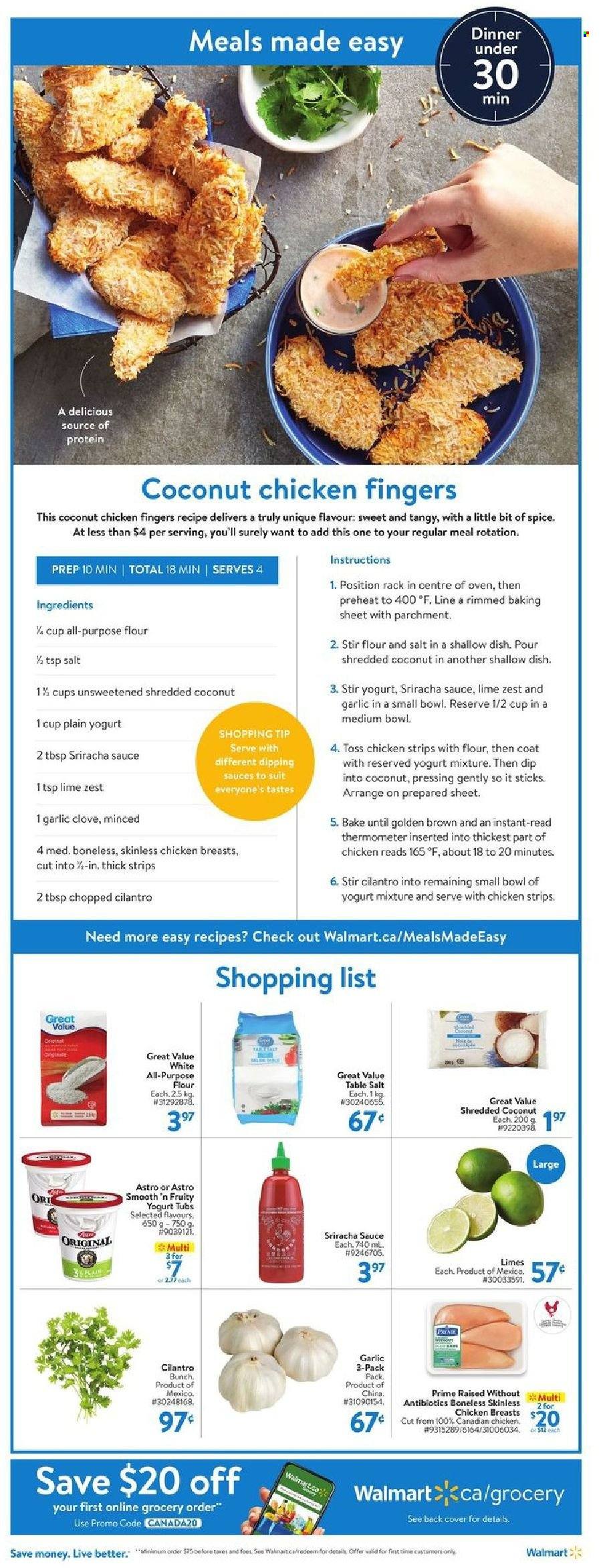 thumbnail - Walmart Flyer - September 23, 2021 - September 29, 2021 - Sales products - garlic, limes, coconut, yoghurt, chicken strips, cilantro, cloves, spice, sriracha, shredded coconut, chicken breasts, thermometer, oven, coat. Page 5.