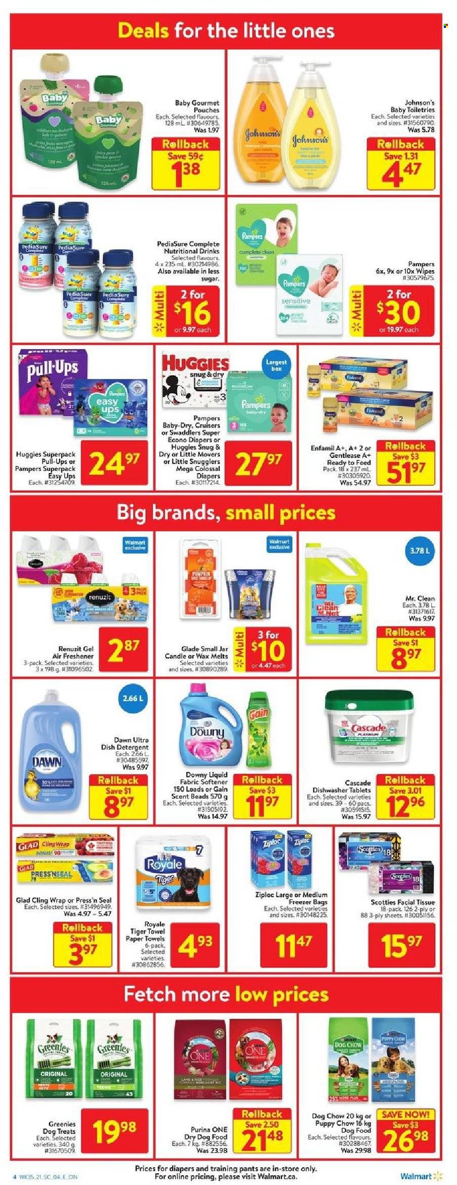 thumbnail - Walmart Flyer - September 23, 2021 - September 29, 2021 - Sales products - Enfamil, wipes, pants, nappies, Johnson's, baby pants, tissues, kitchen towels, paper towels, Gain, fabric softener, Cascade, Downy Laundry, dishwasher cleaner, dishwasher tablets, bag, Ziploc, freezer bag, candle, Renuzit, air freshener, Glade, Greenies, animal food, dog food, Dog Chow, Purina, dry dog food, freezer, dishwasher, Snug, detergent, Huggies, Pampers. Page 10.