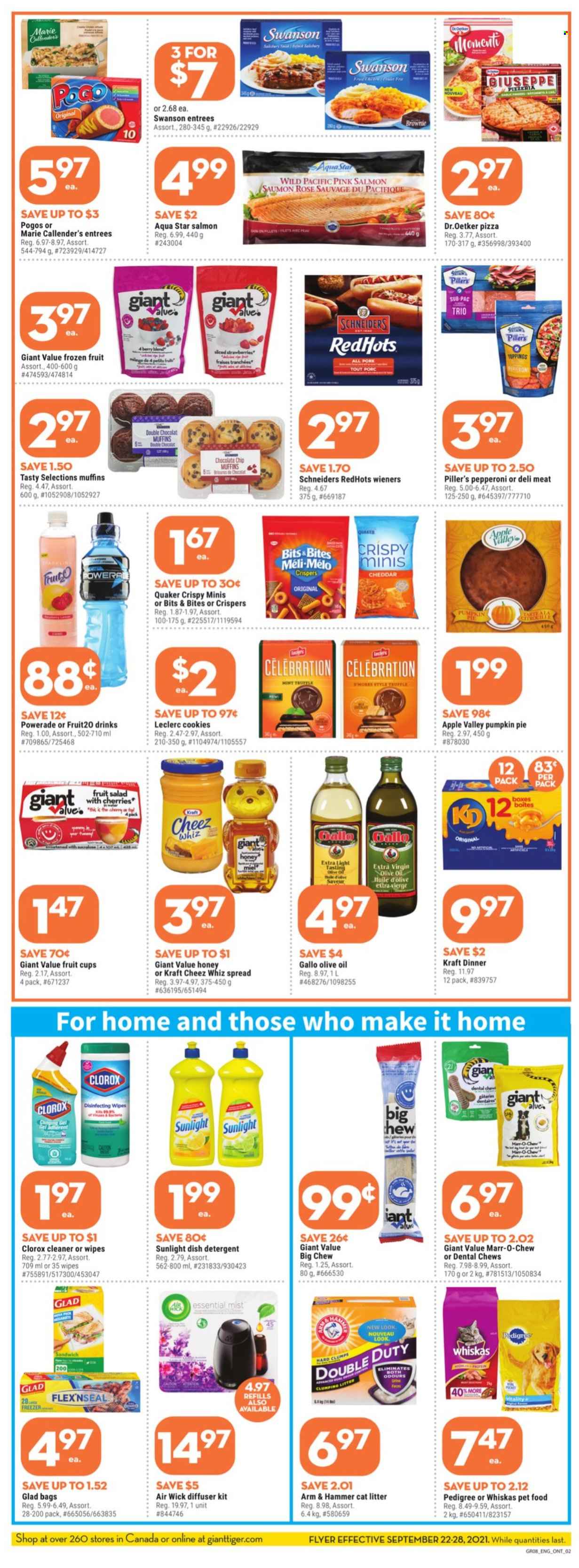 thumbnail - Giant Tiger Flyer - September 22, 2021 - September 28, 2021 - Sales products - pie, brownies, muffin, pumpkin, salad, fruit cup, salmon, pizza, sandwich, Quaker, Marie Callender's, Kraft®, pepperoni, cheddar, Dr. Oetker, cookies, truffles, Celebration, chewing gum, ARM & HAMMER, fruit salad, extra virgin olive oil, olive oil, oil, Powerade, wine, rosé wine, wipes, cleaner, Clorox, Sunlight, bag, diffuser, Air Wick, cat litter, dental chews, animal food, Pedigree, freezer, rose, detergent, Whiskas. Page 3.