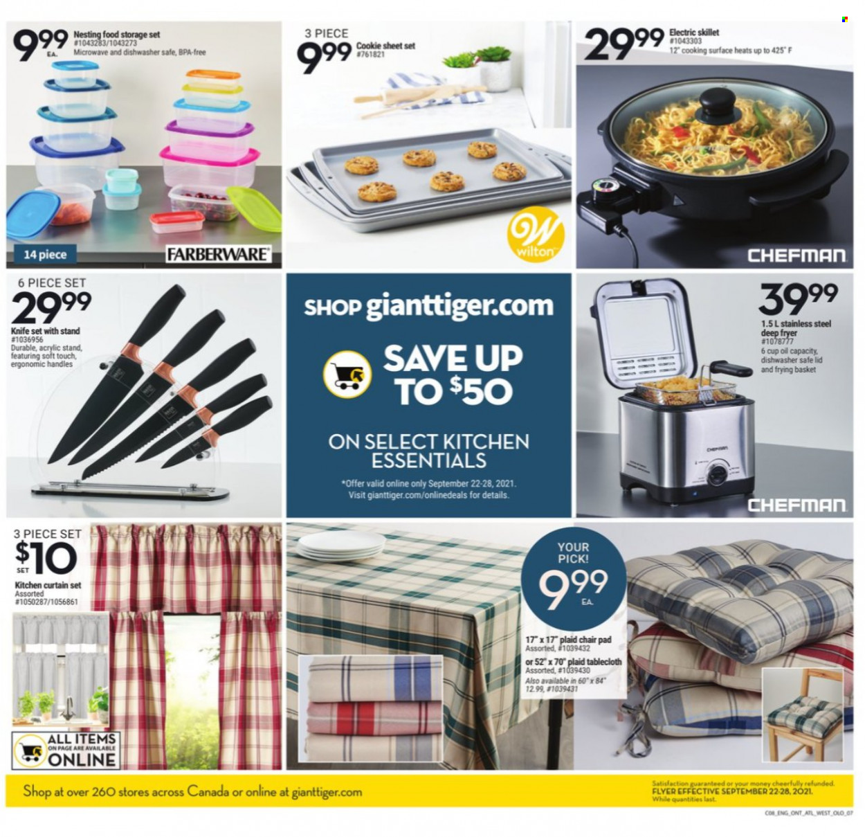 thumbnail - Giant Tiger Flyer - September 22, 2021 - September 28, 2021 - Sales products - oil, knife, lid, cup, storage container set, chair pad, curtain, microwave, Chefman, deep fryer, electric frypan, chair, basket. Page 7.