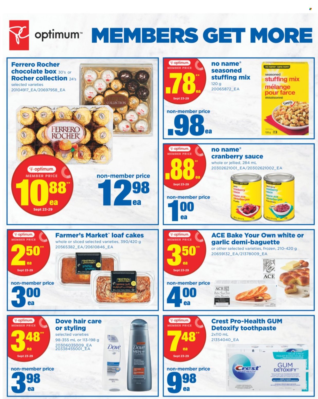 thumbnail - Real Canadian Superstore Flyer - September 23, 2021 - September 29, 2021 - Sales products - cake, Ace, garlic, No Name, sauce, chocolate, stuffing mix, cranberry sauce, toothpaste, Crest, Optimum, baguette, Dove, Ferrero Rocher. Page 5.