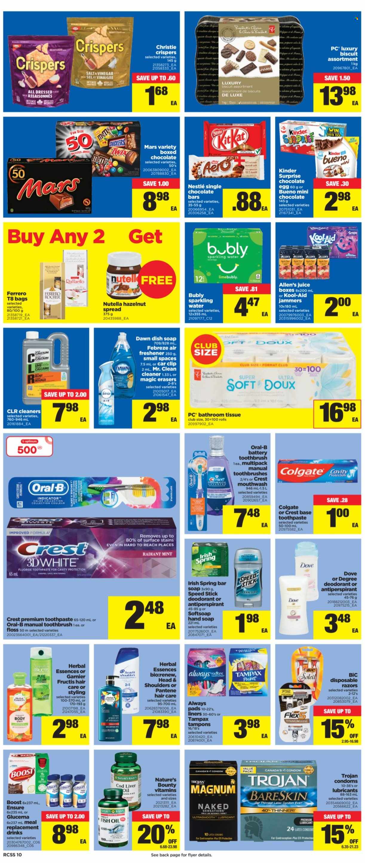 thumbnail - Real Canadian Superstore Flyer - September 23, 2021 - September 29, 2021 - Sales products - Ace, cod, eggs, Magnum, Snickers, Kinder Surprise, Mars, Raffaello, Kinder Bueno, biscuit, chocolate bar, salt, vinegar, oil, hazelnut spread, juice, sparkling water, Boost, bath tissue, Febreze, cleaner, Softsoap, hand soap, soap bar, soap, toothbrush, toothpaste, mouthwash, Crest, Always pads, tampons, Herbal Essences, Fructis, anti-perspirant, Speed Stick, BIC, lubricant, condom, air freshener, Optimum, fish oil, Nature's Bounty, Glucerna, Nestlé, calcium, Dove, Colgate, Garnier, Tampax, Head & Shoulders, Pantene, Nutella, Oral-B, Ferrero Rocher, deodorant. Page 10.