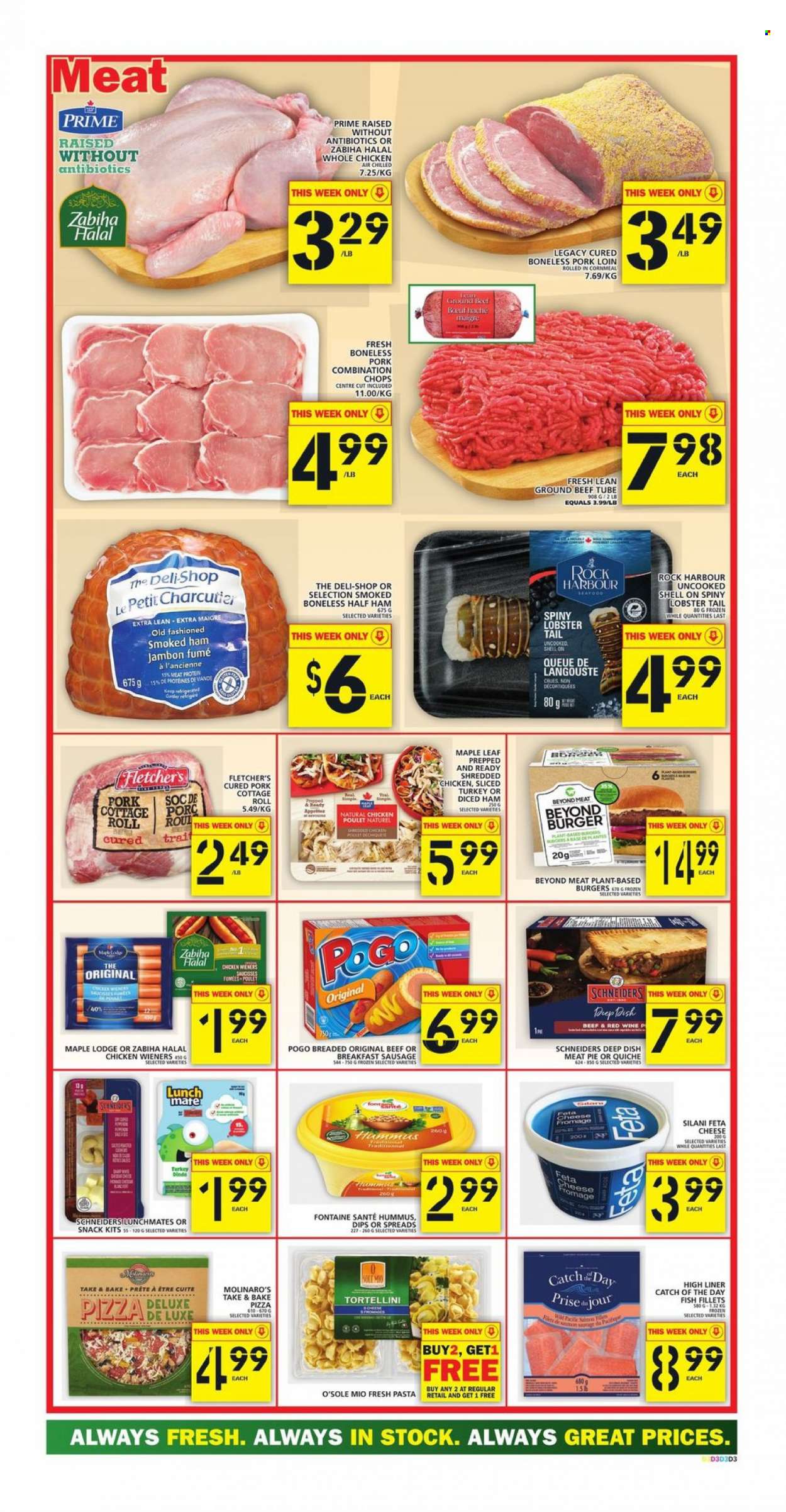 thumbnail - Food Basics Flyer - September 23, 2021 - September 29, 2021 - Sales products - pie, fish fillets, lobster, seafood, fish, lobster tail, pizza, hamburger, tortellini, sliced turkey, half ham, ham, smoked ham, sausage, hummus, feta, red wine, whole chicken, chicken, beef meat, ground beef, pork loin, pork meat. Page 4.