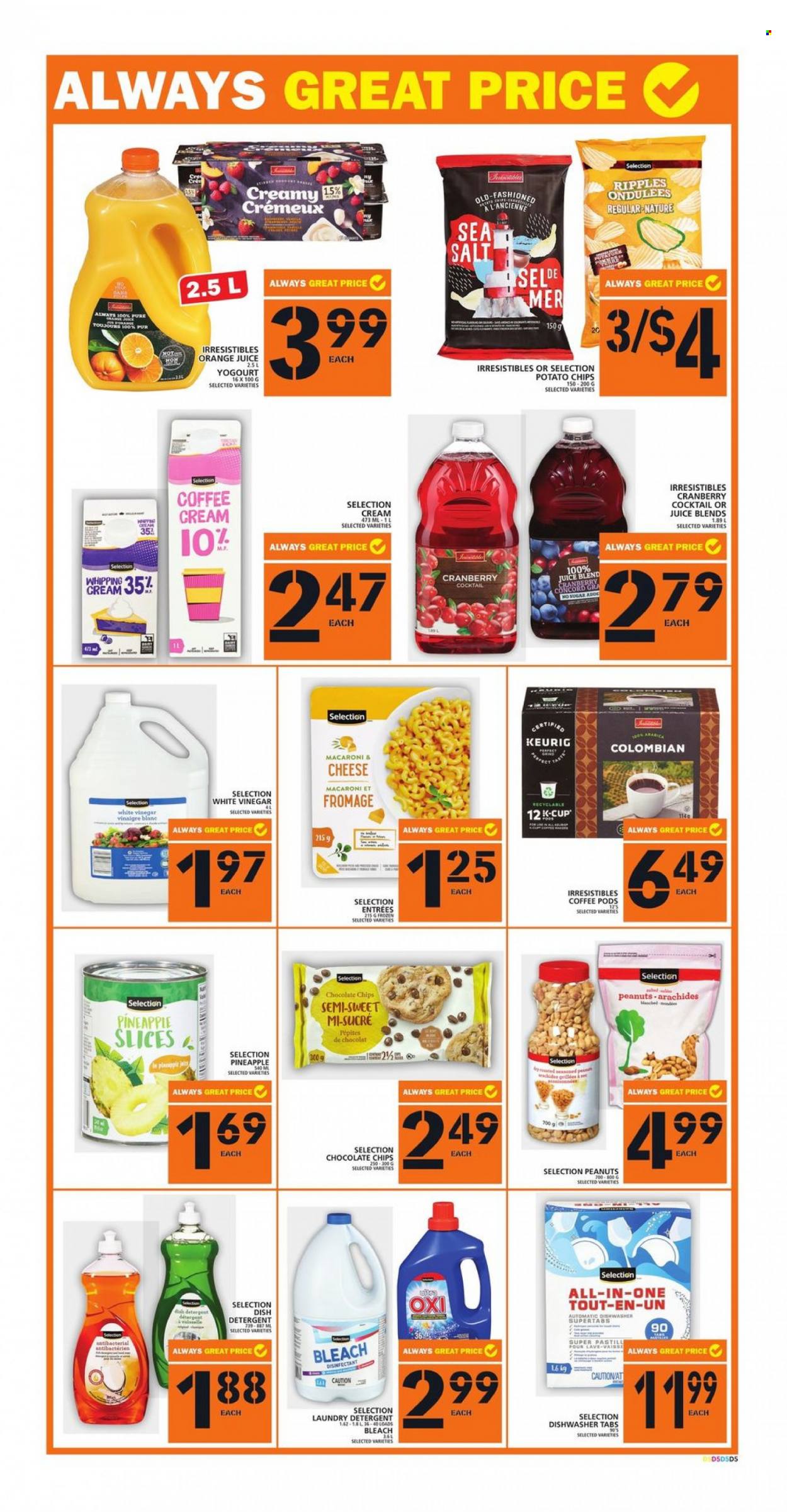 thumbnail - Food Basics Flyer - September 23, 2021 - September 29, 2021 - Sales products - pineapple, macaroni, cheese, potato chips, sugar, peanuts, orange juice, juice, coffee pods, coffee capsules, K-Cups, Keurig, bleach, laundry detergent, detergent, desinfection. Page 8.