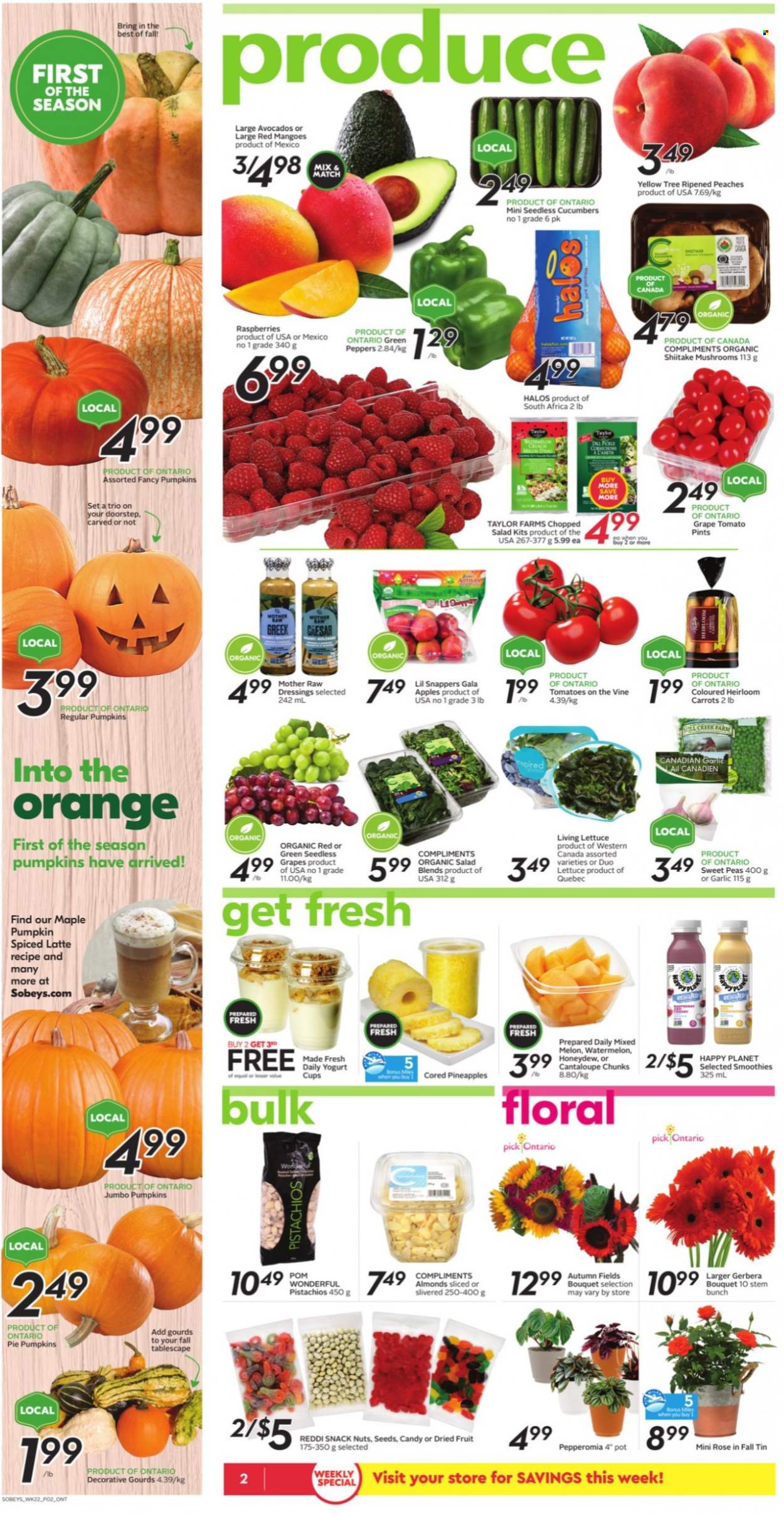 thumbnail - Sobeys Flyer - September 23, 2021 - September 29, 2021 - Sales products - cucumber, garlic, tomatoes, chopped salad, apples, avocado, Gala, seedless grapes, watermelon, honeydew, pineapple, melons, peaches, yoghurt, snack, almonds, dried fruit, pistachios, smoothie, wine, rosé wine, Dell, oranges. Page 3.