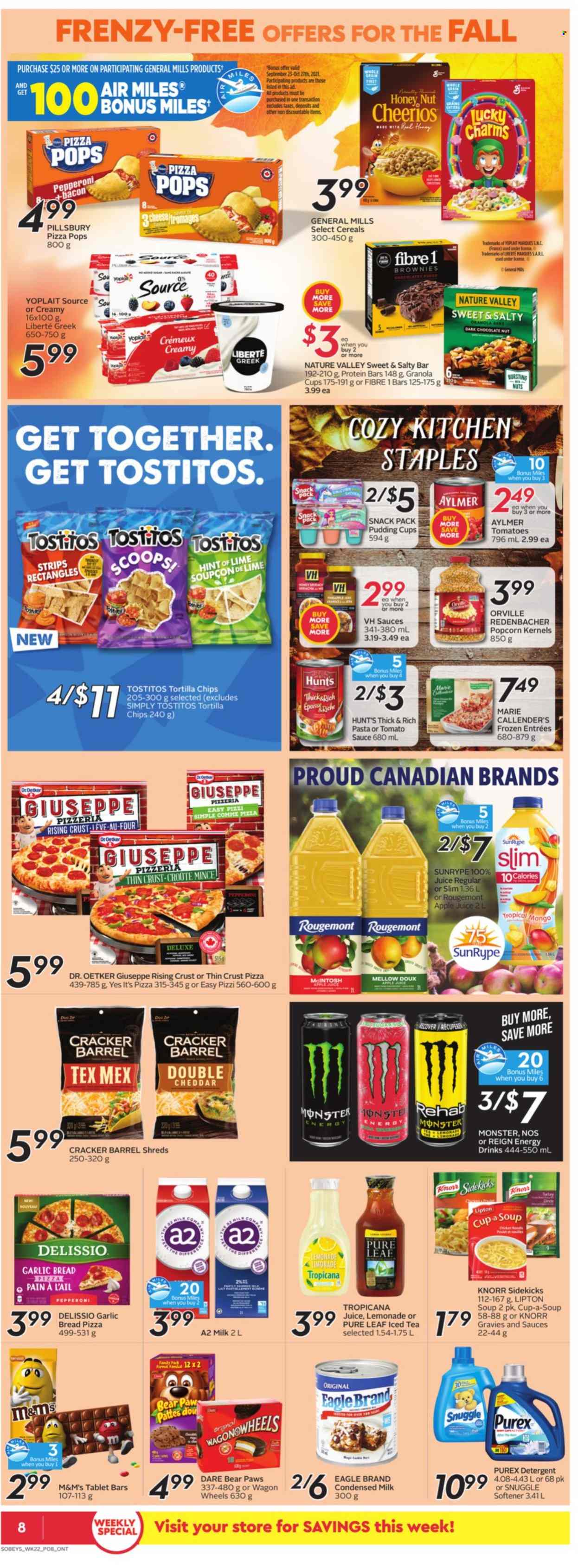 thumbnail - Sobeys Flyer - September 23, 2021 - September 29, 2021 - Sales products - bread, brownies, mango, pizza, soup, Pillsbury, Marie Callender's, bacon, pepperoni, Dr. Oetker, pudding, Yoplait, milk, condensed milk, strips, chocolate, crackers, dark chocolate, tortilla chips, popcorn, Tostitos, tomato sauce, cereals, Cheerios, protein bar, Nature Valley, apple juice, lemonade, juice, energy drink, Monster, ice tea, Pure Leaf, Snuggle, fabric softener, Purex, Paws, Knorr, detergent, granola, Lipton, M&M's. Page 9.