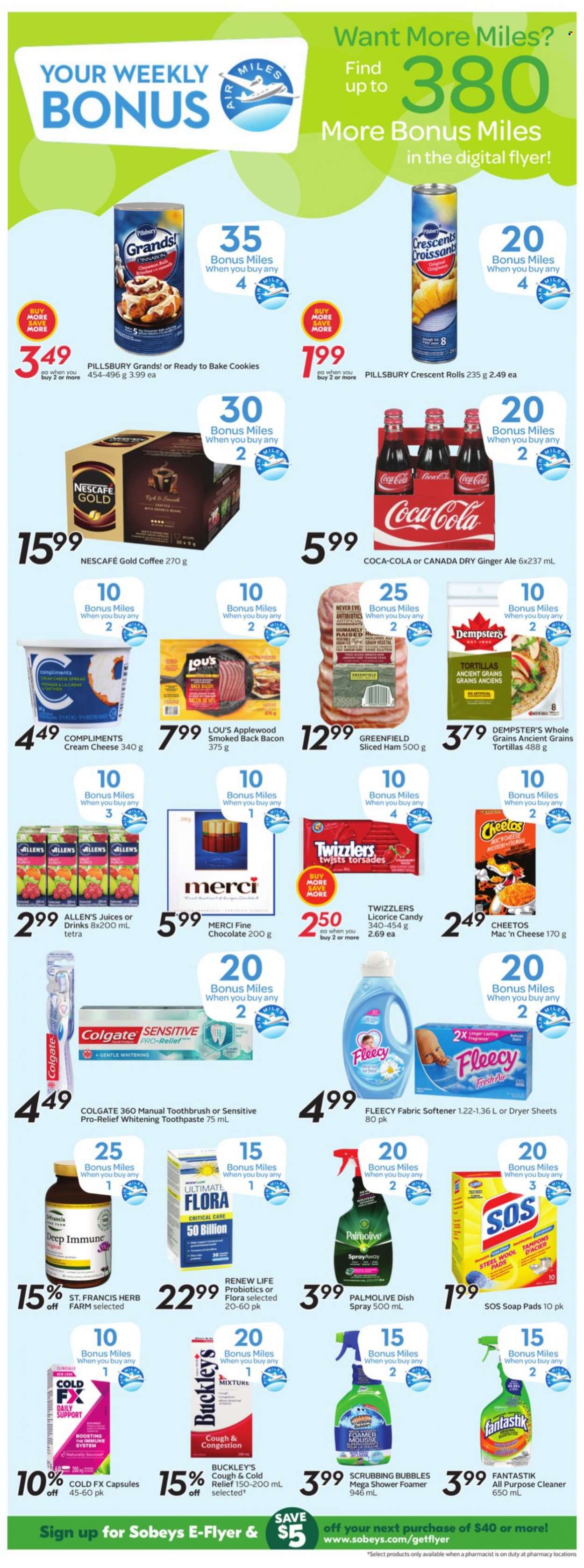 thumbnail - Sobeys Flyer - September 23, 2021 - September 29, 2021 - Sales products - tortillas, croissant, crescent rolls, Pillsbury, bacon, ham, cream cheese, cheese, Flora, cookies, chocolate, Merci, Cheetos, herbs, Canada Dry, Coca-Cola, ginger ale, juice, coffee, Scrubbing Bubbles, cleaner, all purpose cleaner, fabric softener, dryer sheets, Palmolive, soap, toothbrush, toothpaste, probiotics, Colgate, Nescafé. Page 13.