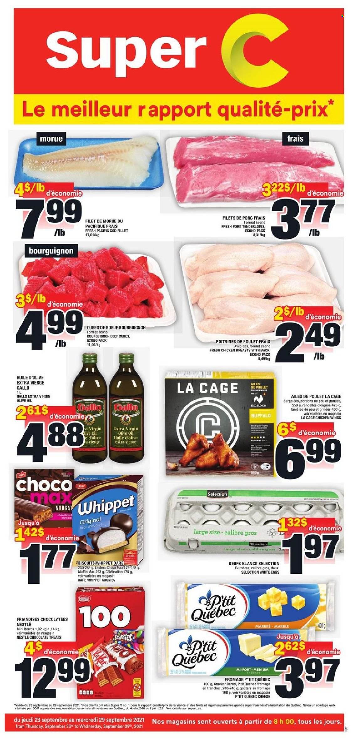 thumbnail - Super C Flyer - September 23, 2021 - September 29, 2021 - Sales products - muffin, cod, cheddar, cheese, eggs, chicken wings, cookies, chocolate, Celebration, extra virgin olive oil, olive oil, oil, chicken breasts, beef meat, pork tenderloin, Nestlé, nougat. Page 1.