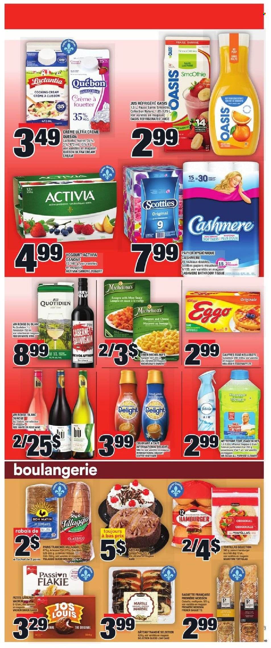 thumbnail - Super C Flyer - September 23, 2021 - September 29, 2021 - Sales products - tortillas, cake, waffles, loaf cake, macaroni, hamburger, sauce, lasagna meal, yoghurt, Activia, snack, Kellogg's, Classico, juice, smoothie, coffee, rosé wine, bath tissue, cleaner, all purpose cleaner, Danone, baguette. Page 6.
