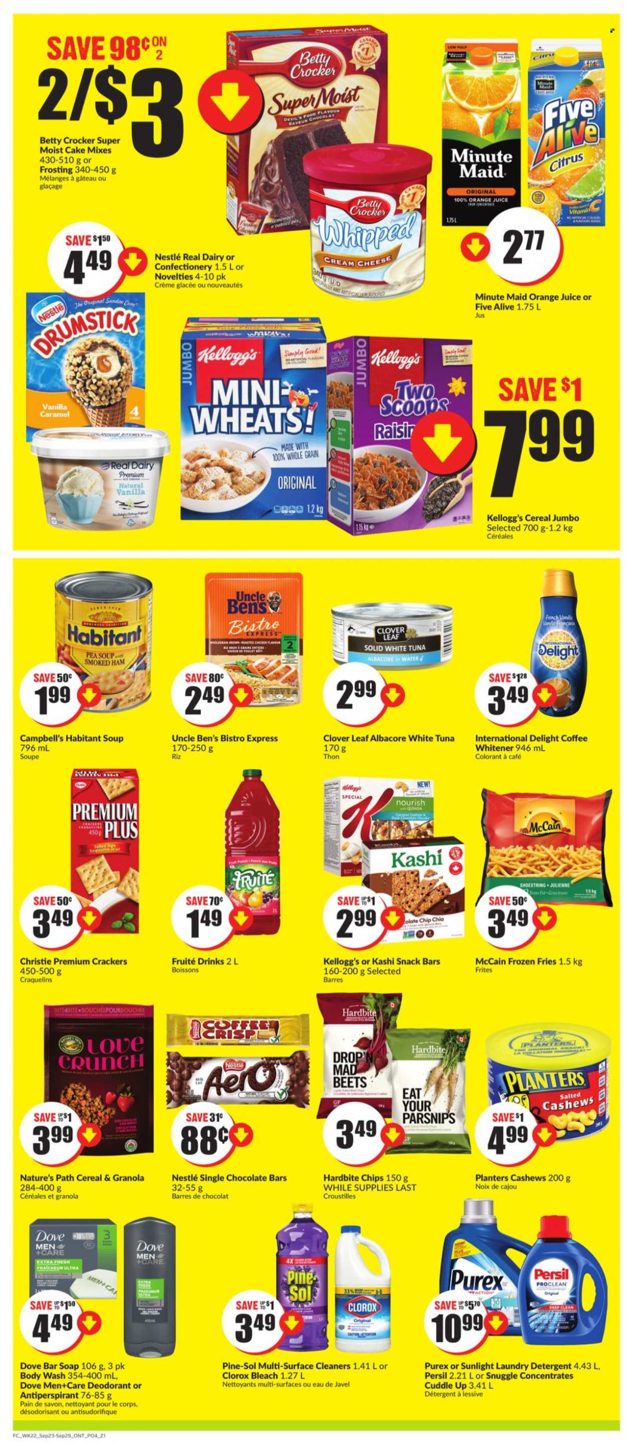 thumbnail - FreshCo. Flyer - September 23, 2021 - September 29, 2021 - Sales products - cake, parsnips, tuna, Campbell's, soup, ham, smoked ham, cream cheese, cheese, Clover, McCain, potato fries, snack, crackers, Kellogg's, snack bar, chocolate bar, frosting, Uncle Ben's, cereals, caramel, cashews, Planters, orange juice, juice, fruit punch, coffee, Nestlé, detergent, Dove, granola, quinoa, deodorant. Page 4.