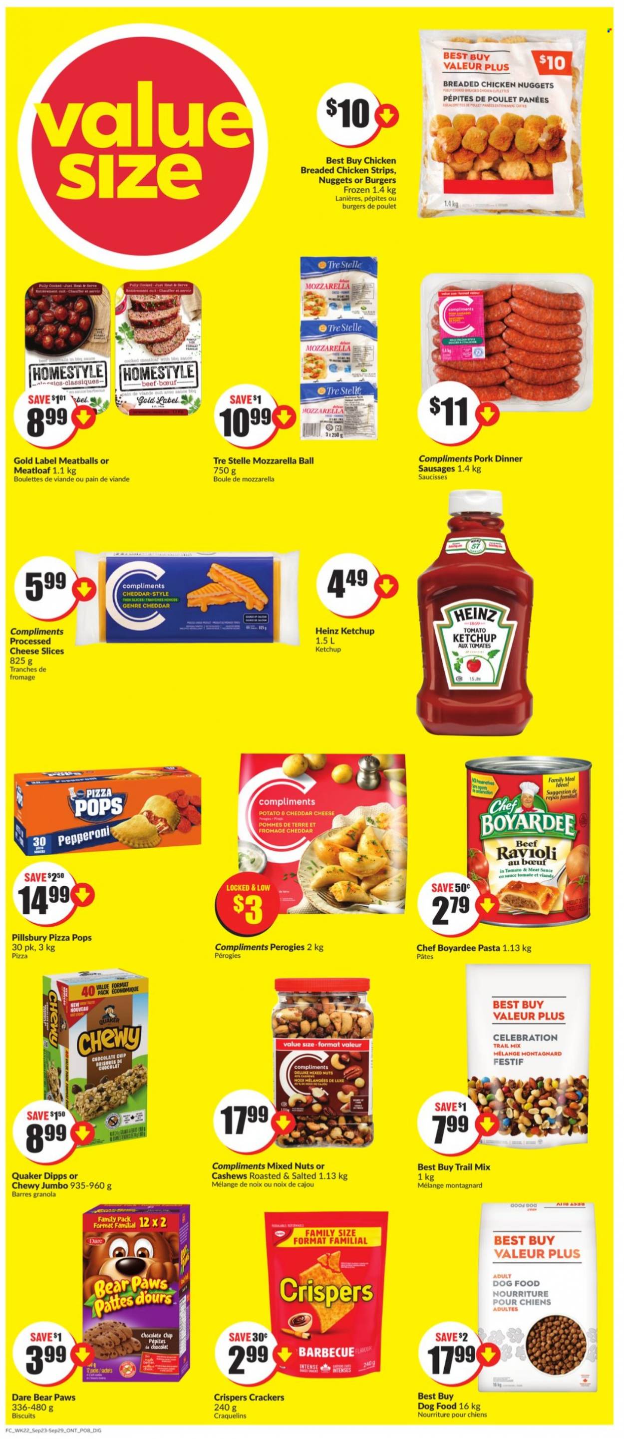 thumbnail - FreshCo. Flyer - September 23, 2021 - September 29, 2021 - Sales products - ravioli, pizza, meatballs, nuggets, pasta, fried chicken, Pillsbury, chicken nuggets, meatloaf, Quaker, sausage, pepperoni, sliced cheese, cheddar, strips, chicken strips, chocolate chips, Celebration, crackers, biscuit, Heinz, Chef Boyardee, cashews, mixed nuts, trail mix, granola, ketchup. Page 8.