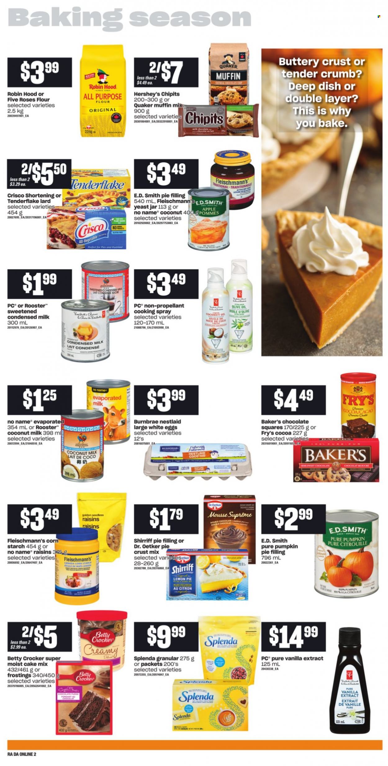 thumbnail - Atlantic Superstore Flyer - September 23, 2021 - September 29, 2021 - Sales products - cake mix, muffin mix, pumpkin, No Name, Quaker, Dr. Oetker, evaporated milk, condensed milk, eggs, yeast, Hershey's, chocolate chips, all purpose flour, cocoa, Crisco, flour, shortening, pie crust, pie filling, oatmeal, vanilla extract, coconut milk, cooking spray, olive oil, oil, dried fruit, lard, raisins. Page 6.