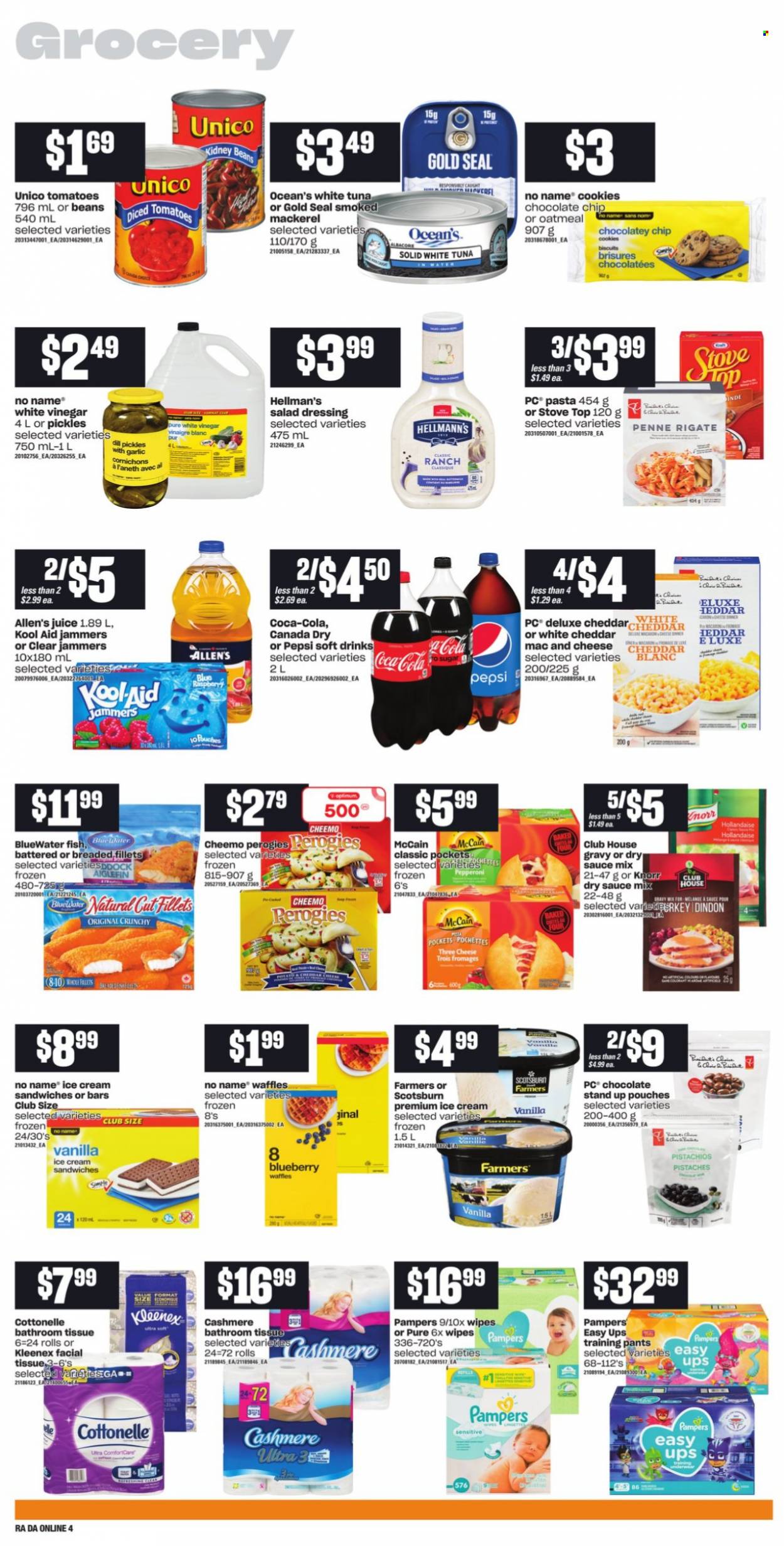 thumbnail - Atlantic Superstore Flyer - September 23, 2021 - September 29, 2021 - Sales products - waffles, beans, tomatoes, mackerel, tuna, fish, No Name, macaroni & cheese, pasta, sauce, Kraft®, pepperoni, cheddar, Hellmann’s, ice cream, ice cream sandwich, McCain, cookies, biscuit, oatmeal, kidney beans, pickles, penne, dill, salad dressing, dressing, vinegar, pistachios, Canada Dry, Coca-Cola, Pepsi, juice, soft drink, wipes, pants, baby pants, bath tissue, Cottonelle, Kleenex, Optimum, Knorr, kool aid, Pampers. Page 8.