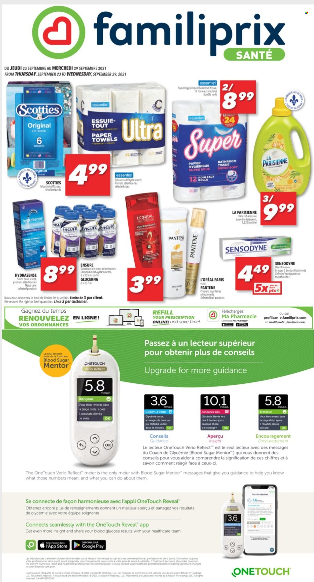 thumbnail - Familiprix Santé Flyer - September 23, 2021 - September 29, 2021 - Sales products - sugar, bath tissue, kitchen towels, paper towels, L’Oréal, Glucerna, Pantene, Sensodyne. Page 1.