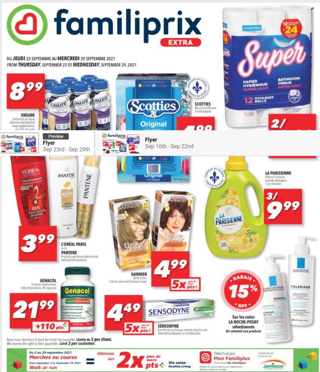 thumbnail - Familiprix Extra Flyer - September 23, 2021 - September 29, 2021 - Sales products - bath tissue, L’Oréal, La Roche-Posay, detergent, Garnier, Pantene, Sensodyne. Page 1.