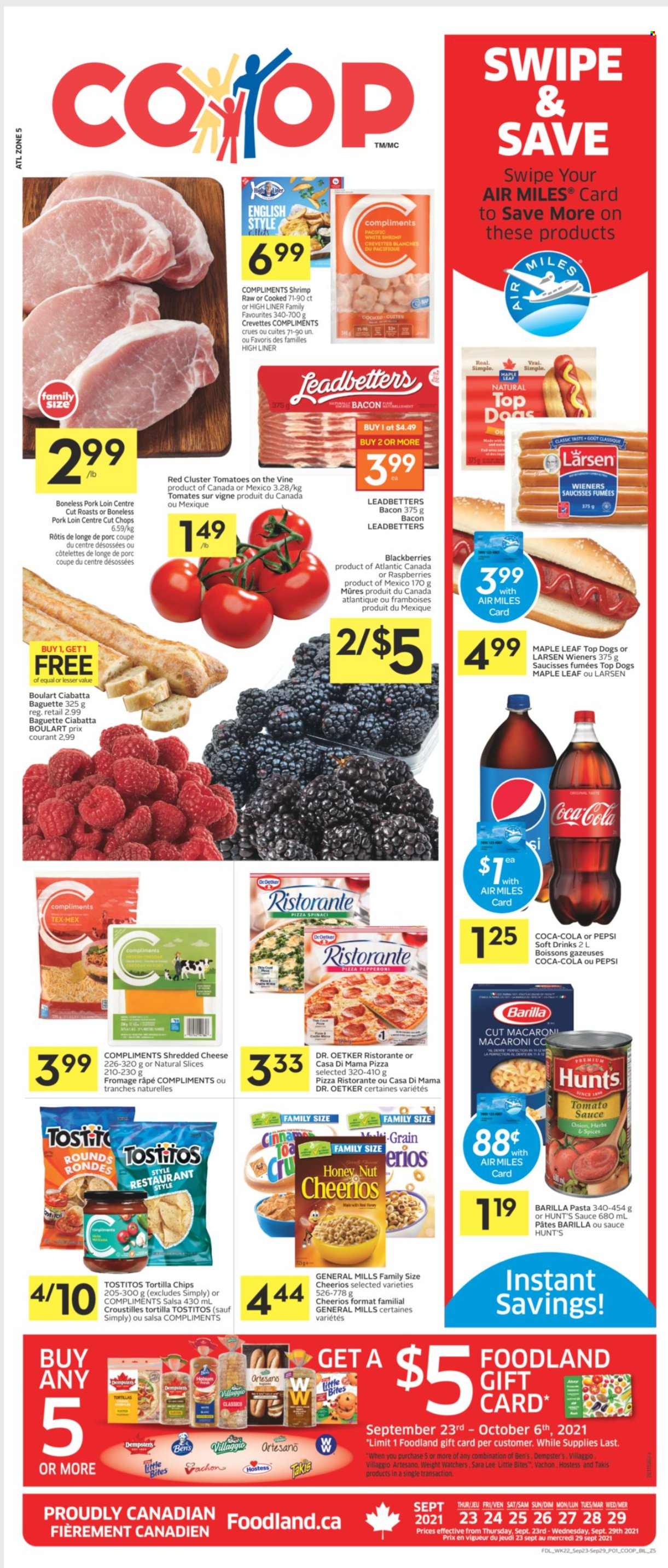 thumbnail - Co-op Flyer - September 23, 2021 - September 29, 2021 - Sales products - Sara Lee, onion, blackberries, shrimps, pizza, macaroni, pasta, sauce, Barilla, bacon, pepperoni, shredded cheese, Dr. Oetker, Little Bites, tortilla chips, Tostitos, tomato sauce, Cheerios, salsa, Classico, Coca-Cola, Pepsi, soft drink, pork loin, pork meat, baguette, ciabatta, chips. Page 1.