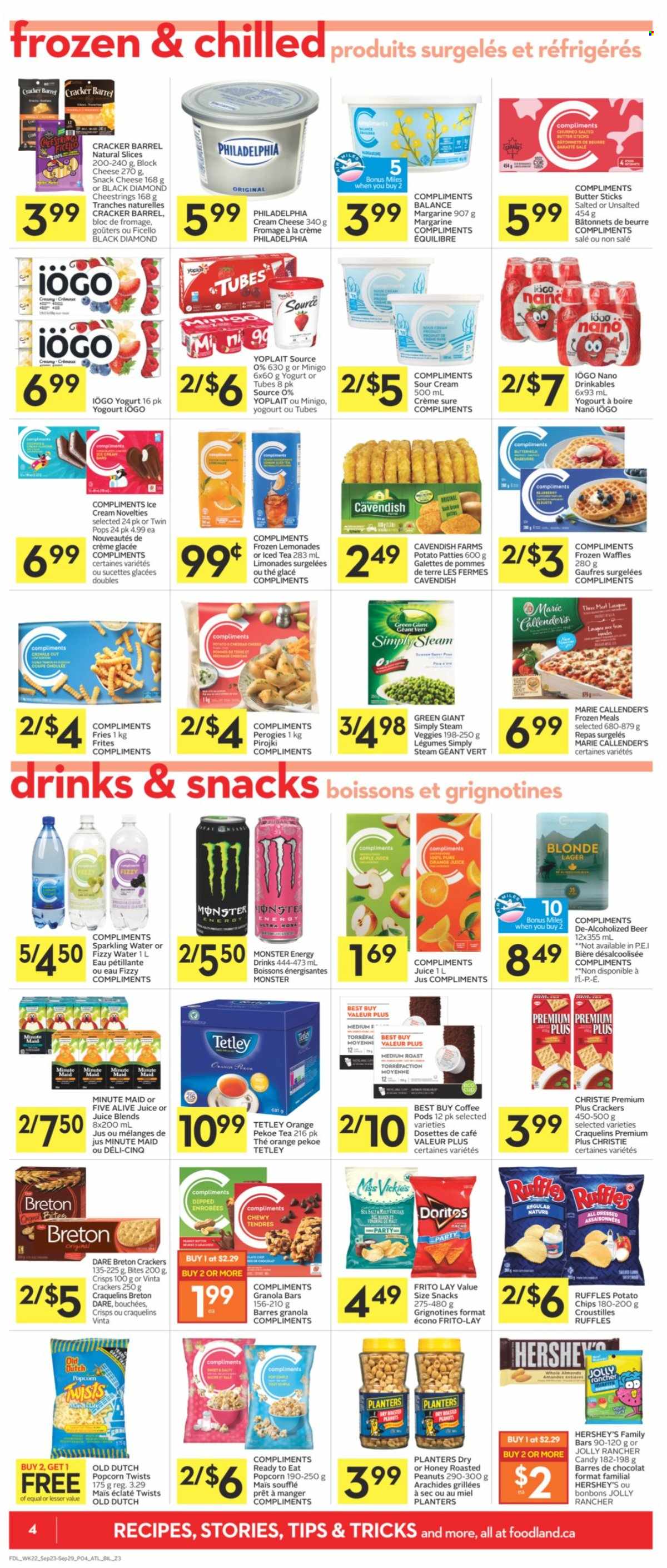 thumbnail - Co-op Flyer - September 23, 2021 - September 29, 2021 - Sales products - waffles, Marie Callender's, cream cheese, string cheese, cheese, yoghurt, Yoplait, butter, margarine, salted butter, sour cream, ice cream, Hershey's, potato fries, crackers, Doritos, potato chips, popcorn, Frito-Lay, Ruffles, granola bar, roasted peanuts, peanuts, Planters, orange juice, juice, energy drink, Monster, ice tea, Monster Energy, fruit punch, sparkling water, coffee pods, beer, Lager, Philadelphia. Page 4.
