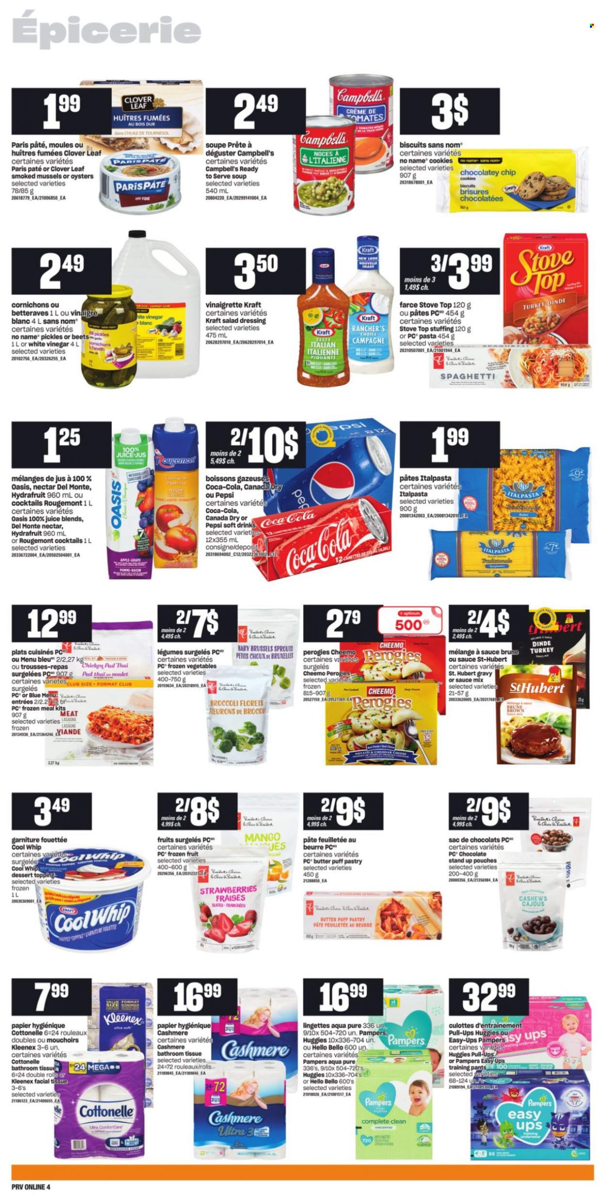 thumbnail - Provigo Flyer - September 23, 2021 - September 29, 2021 - Sales products - broccoli, brussel sprouts, mango, mussels, oysters, No Name, Campbell's, spaghetti, soup, pasta, lasagna meal, Kraft®, Clover, butter, Cool Whip, puff pastry, frozen vegetables, cookies, chocolate, biscuit, topping, pickles, salad dressing, vinaigrette dressing, dressing, vinegar, cashews, Canada Dry, Coca-Cola, Pepsi, juice, soft drink, pants, baby pants, bath tissue, Cottonelle, Kleenex, Huggies, Pampers. Page 8.