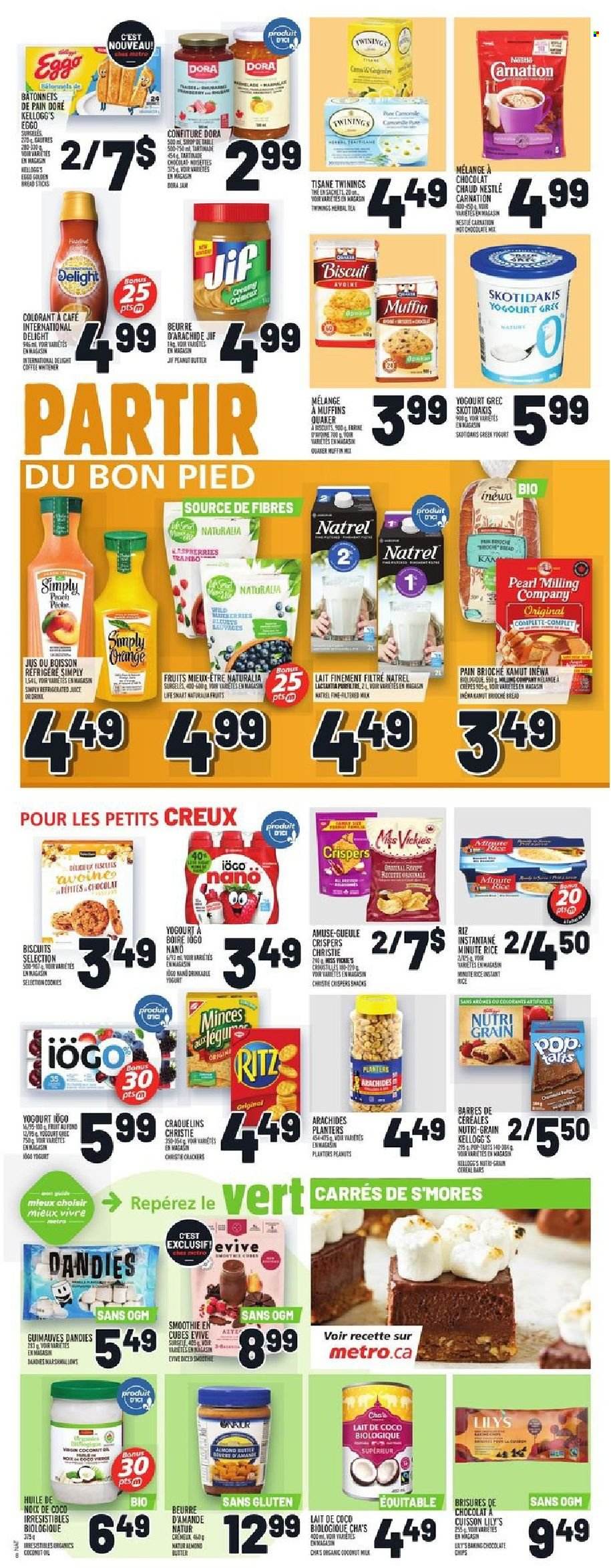 thumbnail - Metro Flyer - September 23, 2021 - September 29, 2021 - Sales products - brioche, muffin, Quaker, yoghurt, almond butter, cookies, chocolate, snack, crackers, Kellogg's, biscuit, Nutri-Grain, rice, fruit jam, peanut butter, Jif, Planters, smoothie, tea, herbal tea, Twinings, Nestlé. Page 10.