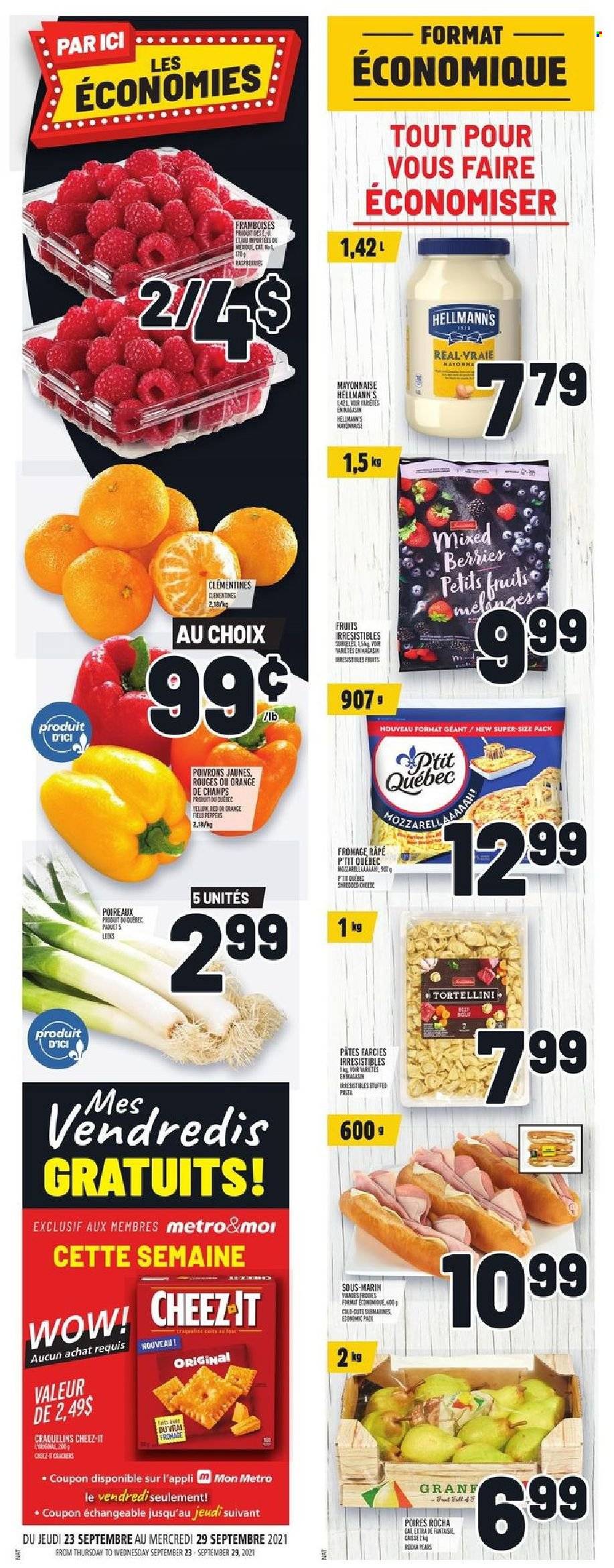thumbnail - Metro Flyer - September 23, 2021 - September 29, 2021 - Sales products - clementines, pears, pasta, tortellini, cheese, mayonnaise, Hellmann’s, Cheez-It, oranges. Page 14.