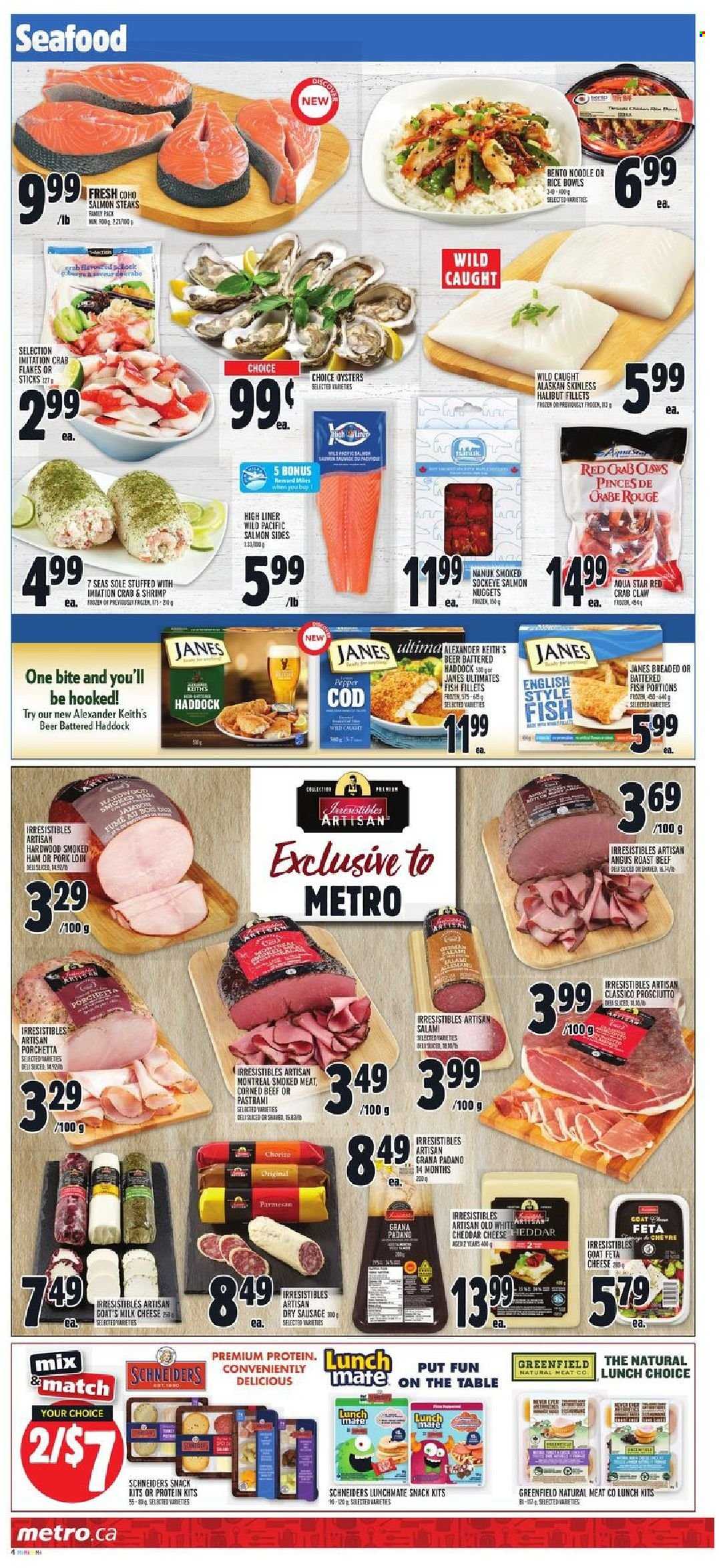 thumbnail - Metro Flyer - September 23, 2021 - September 29, 2021 - Sales products - fish fillets, salmon, haddock, halibut, oysters, seafood, crab, fish, shrimps, nuggets, noodles, salami, ham, prosciutto, pastrami, smoked ham, sausage, corned beef, cheddar, parmesan, cheese, feta, Grana Padano, milk, snack, pepper, Classico, beer, beef meat, roast beef, pork loin, pork meat, steak. Page 4.