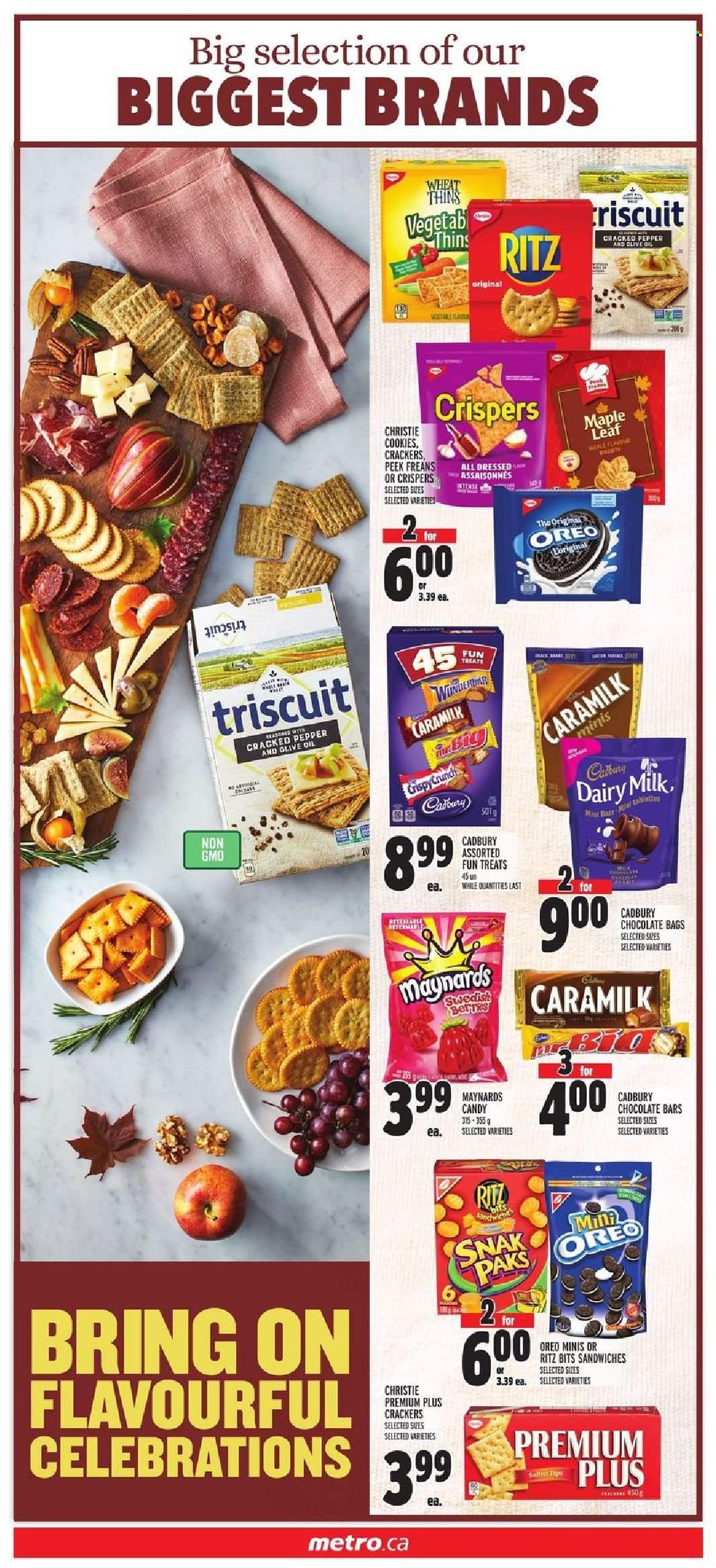 thumbnail - Metro Flyer - September 23, 2021 - September 29, 2021 - Sales products - sandwich, cookies, Celebration, crackers, Cadbury, Dairy Milk, RITZ, chocolate bar, Thins, pepper, olive oil, oil, Oreo. Page 12.