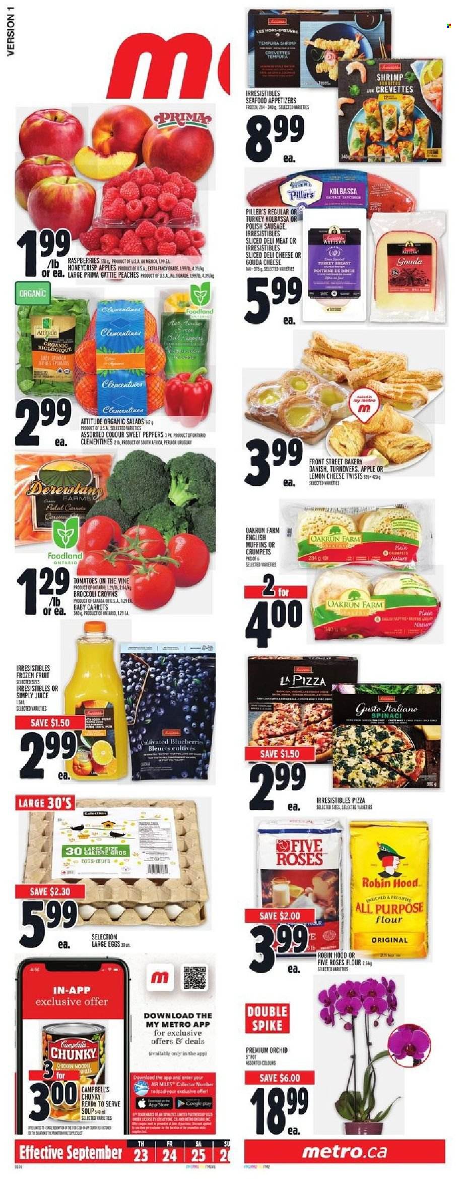 thumbnail - Metro Flyer - September 23, 2021 - September 29, 2021 - Sales products - english muffins, crumpets, turnovers, carrots, sweet peppers, salad, peppers, apples, clementines, peaches, seafood, shrimps, Campbell's, pizza, soup, noodles, sausage, polish sausage, gouda, large eggs, flour, juice. Page 14.
