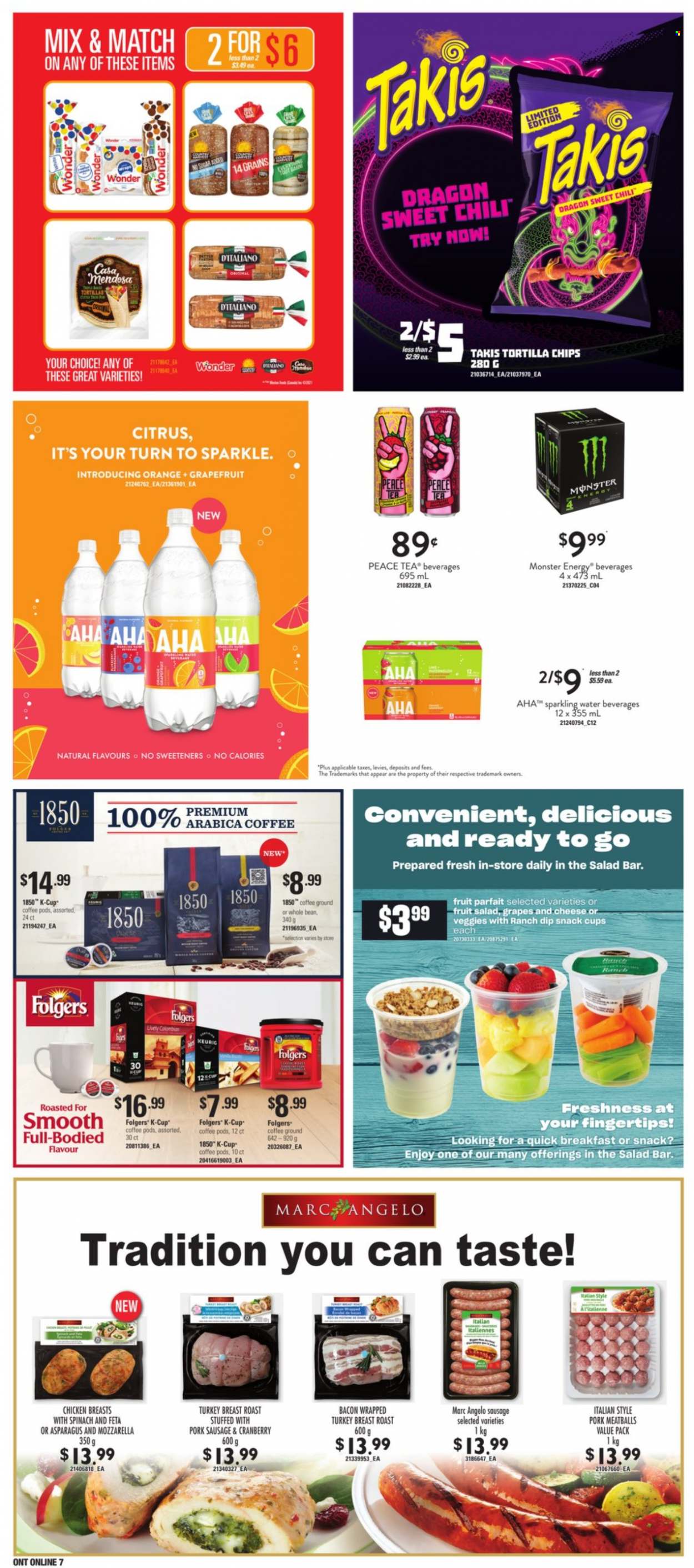 thumbnail - Loblaws Flyer - September 23, 2021 - September 29, 2021 - Sales products - asparagus, grapefruits, grapes, meatballs, bacon, sausage, pork sausage, feta, dip, tortilla chips, fruit salad, Monster, Monster Energy, sparkling water, tea, coffee pods, Folgers, coffee capsules, K-Cups, turkey breast, chicken breasts, turkey, chips, oranges. Page 11.