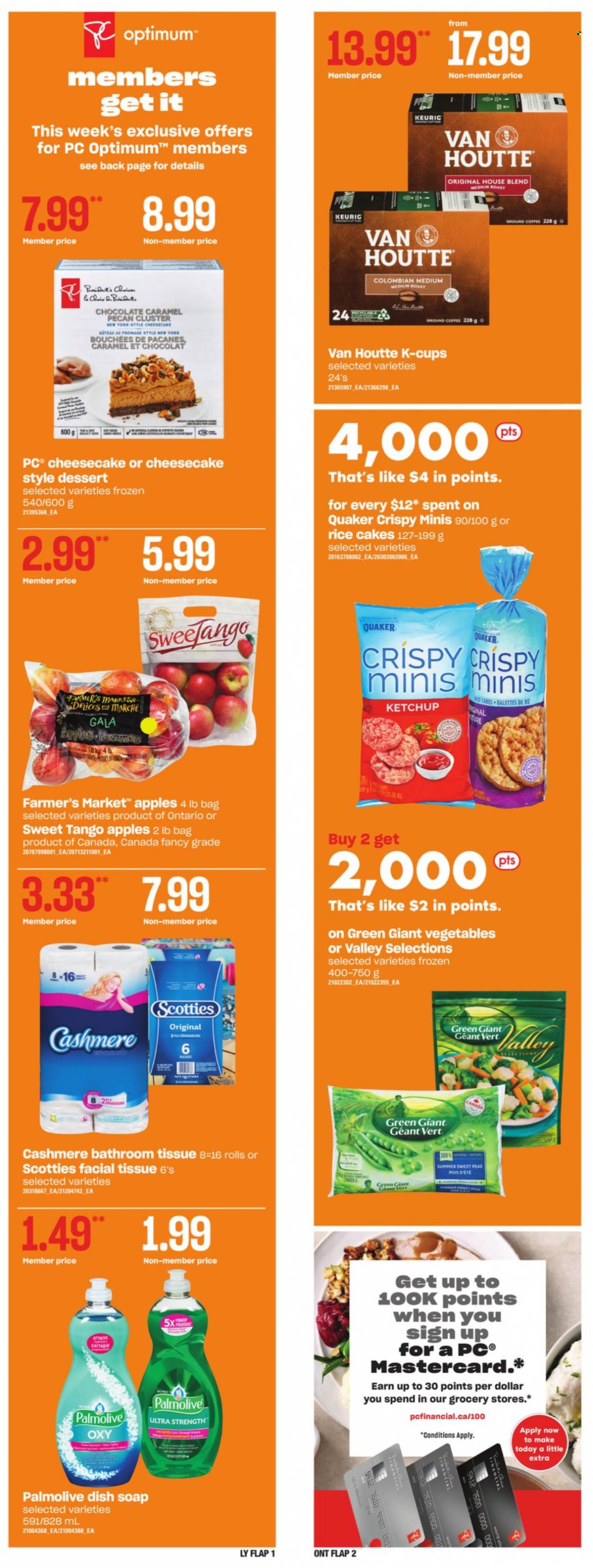 thumbnail - Loblaws Flyer - September 23, 2021 - September 29, 2021 - Sales products - cheesecake, peas, apples, Gala, Quaker, chocolate, caramel, coffee capsules, K-Cups, Keurig, bath tissue, Palmolive, soap, Optimum, ketchup. Page 13.