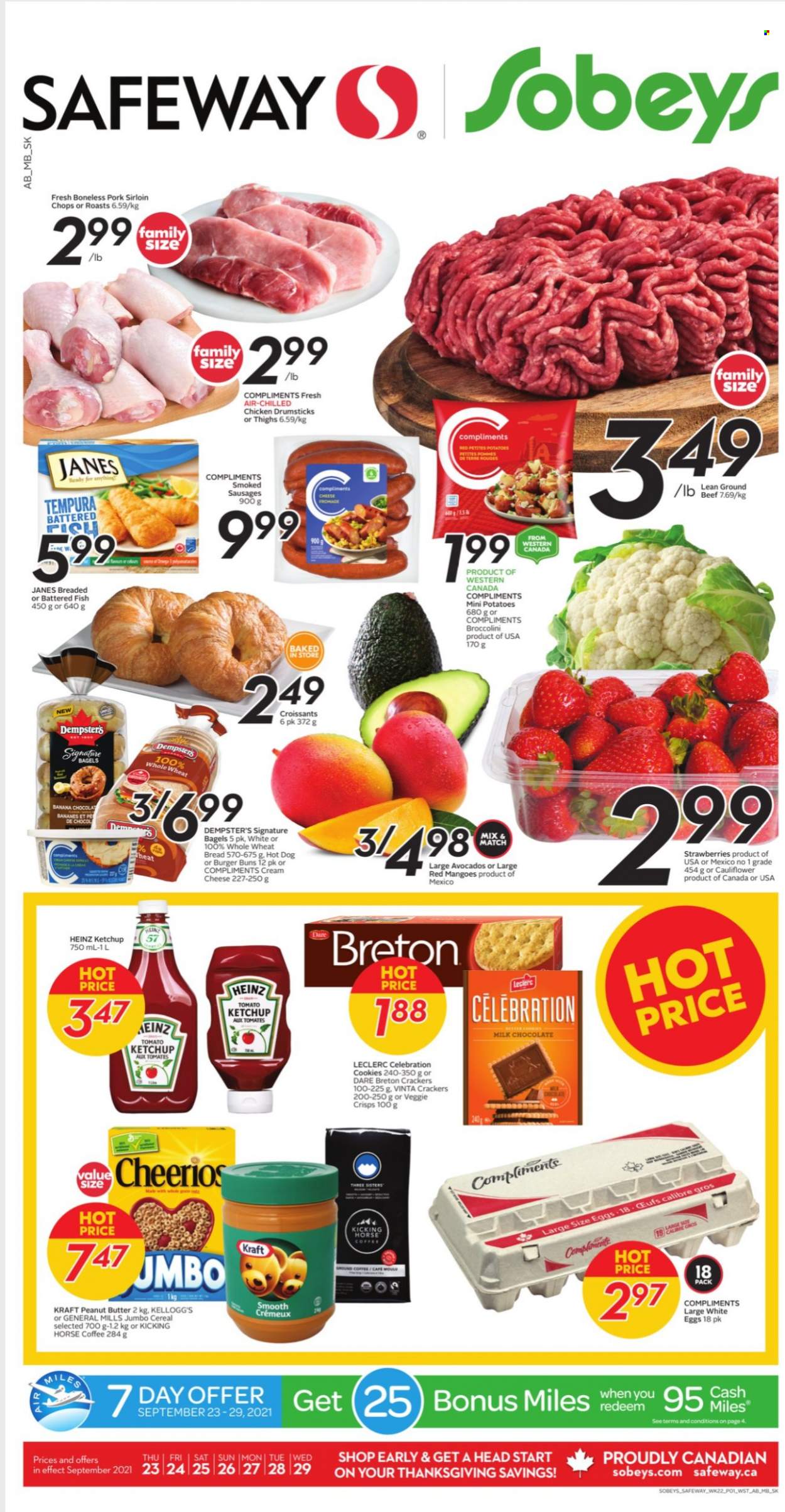 thumbnail - Safeway Flyer - September 23, 2021 - September 29, 2021 - Sales products - bagels, wheat bread, croissant, buns, burger buns, potatoes, broccolini, avocado, mango, fish, hot dog, Kraft®, sausage, cheese, eggs, cookies, milk chocolate, chocolate, Celebration, crackers, Kellogg's, Heinz, cereals, Cheerios, peanut butter, coffee, chicken drumsticks, chicken, beef meat, ground beef, pork loin, ketchup. Page 1.