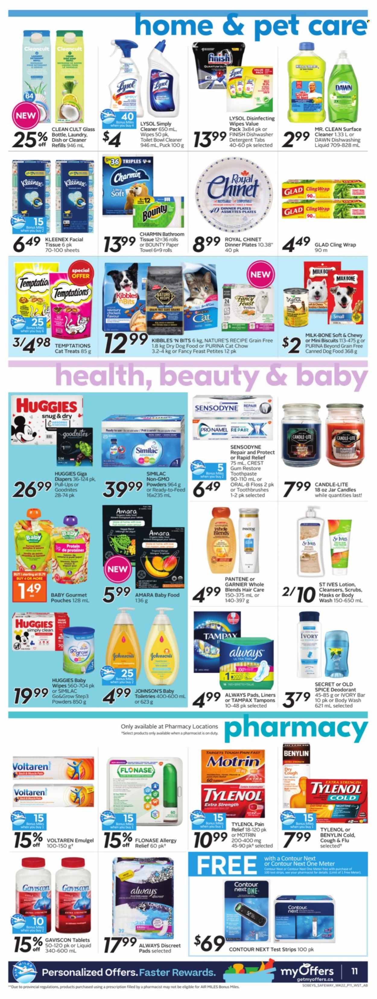 thumbnail - Safeway Flyer - September 23, 2021 - September 29, 2021 - Sales products - Puck, milk, Bounty, biscuit, spice, Similac, wipes, baby wipes, nappies, Johnson's, bath tissue, Kleenex, paper towels, Charmin, surface cleaner, cleaner, Lysol, dishwashing liquid, Finish Powerball, Finish Quantum Ultimate, body wash, toothpaste, Crest, Always pads, sanitary pads, Always Discreet, tampons, body lotion, anti-perspirant, contour, animal food, dog food, Purina, dry dog food, Fancy Feast, pain relief, Tylenol, Gaviscon, Benylin, Motrin, detergent, Garnier, Tampax, Huggies, Pantene, Old Spice, Oral-B, Sensodyne, deodorant. Page 11.