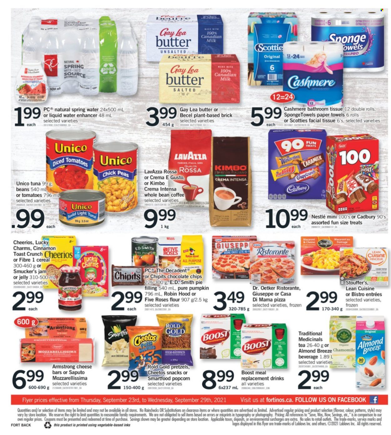 thumbnail - Fortinos Flyer - September 23, 2021 - September 29, 2021 - Sales products - pretzels, pumpkin, peas, tuna, macaroni & cheese, pizza, Lean Cuisine, Dr. Oetker, milk, Almond Breeze, butter, Stouffer's, snack, jelly, Cadbury, Cheetos, Smartfood, popcorn, flour, pie filling, light tuna, cereals, Cheerios, cinnamon, fruit jam, spring water, Boost, tea, coffee, Lavazza, bath tissue, kitchen towels, paper towels, Nestlé. Page 2.