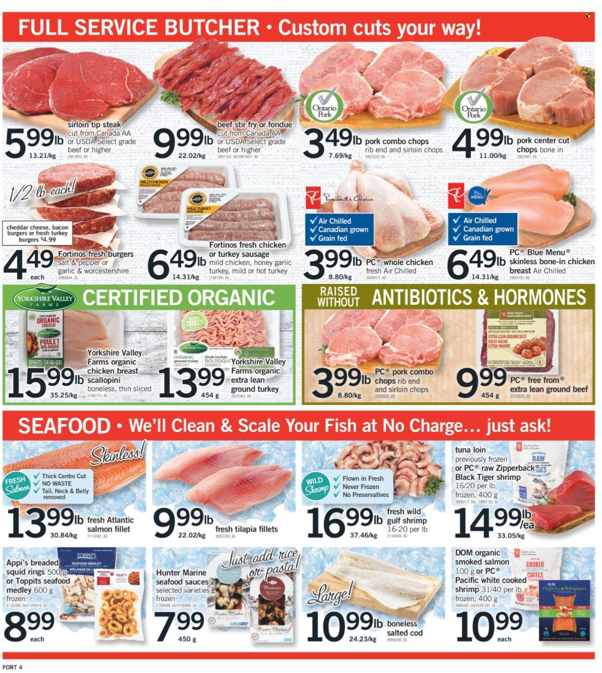 thumbnail - Fortinos Flyer - September 23, 2021 - September 29, 2021 - Sales products - scale, cod, salmon, salmon fillet, smoked salmon, squid, tilapia, tuna, seafood, fish, shrimps, squid rings, hamburger, pasta, bacon, sausage, cheddar, cheese, worcestershire sauce, honey, ground turkey, whole chicken, chicken, turkey, beef meat, ground beef, turkey burger, Hunter, steak. Page 5.