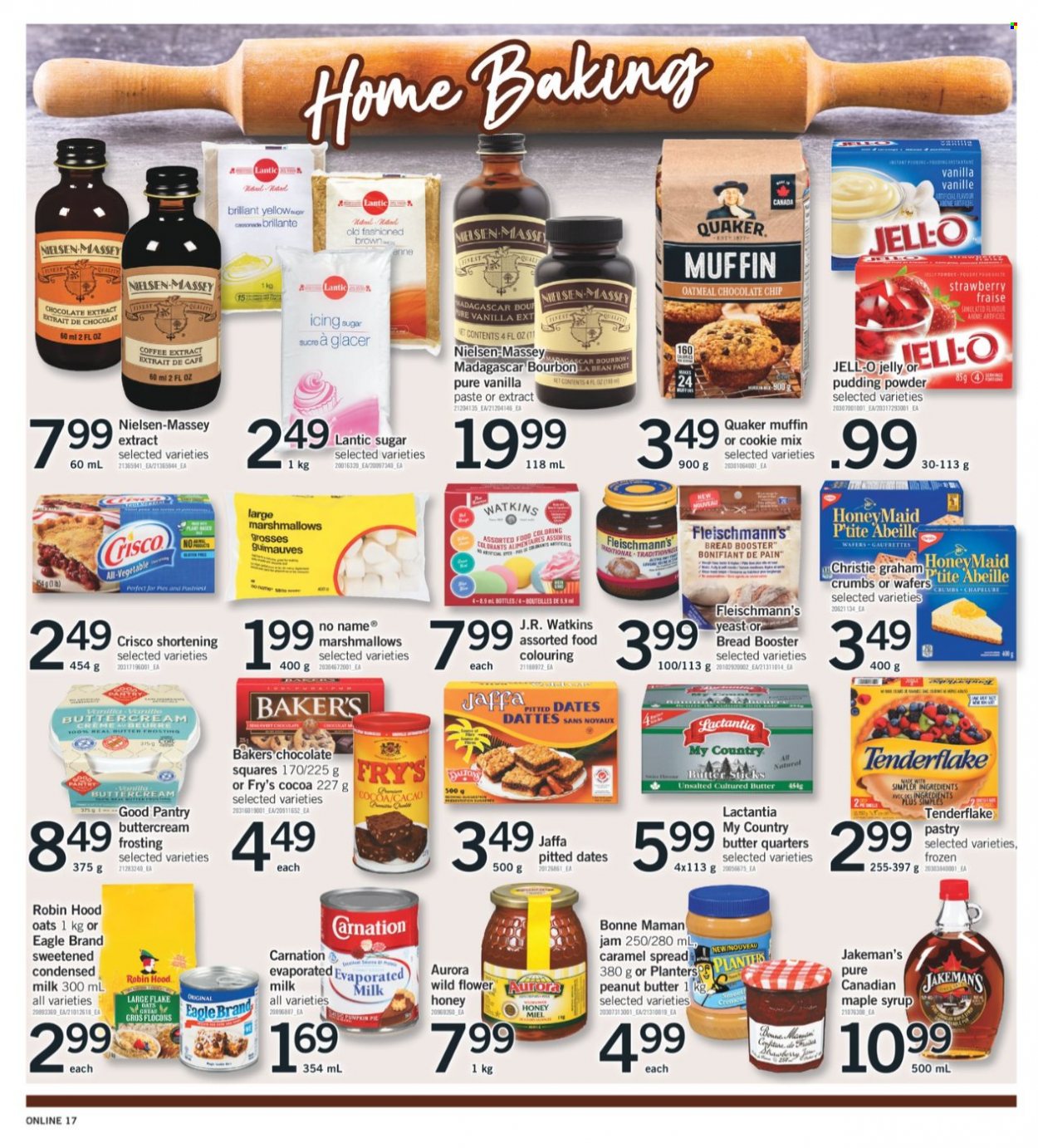 thumbnail - Fortinos Flyer - September 23, 2021 - September 29, 2021 - Sales products - No Name, Quaker, pudding, evaporated milk, condensed milk, yeast, marshmallows, wafers, chocolate chips, jelly, cocoa, Crisco, frosting, shortening, sugar, oatmeal, oats, Jell-O, caramel, maple syrup, honey, fruit jam, peanut butter, syrup, dried fruit, dried dates, Planters, coffee, bourbon, Bakers. Page 9.